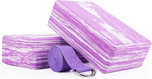 WayEee Yoga Blocks Set of 2, Yoga Block with Strap Set High Density EVA Foam Brick Durable & Non-Slip Yoga Brick Meditation Pilates Fitness Exercise to Improve Strength, Flexibility, Balance