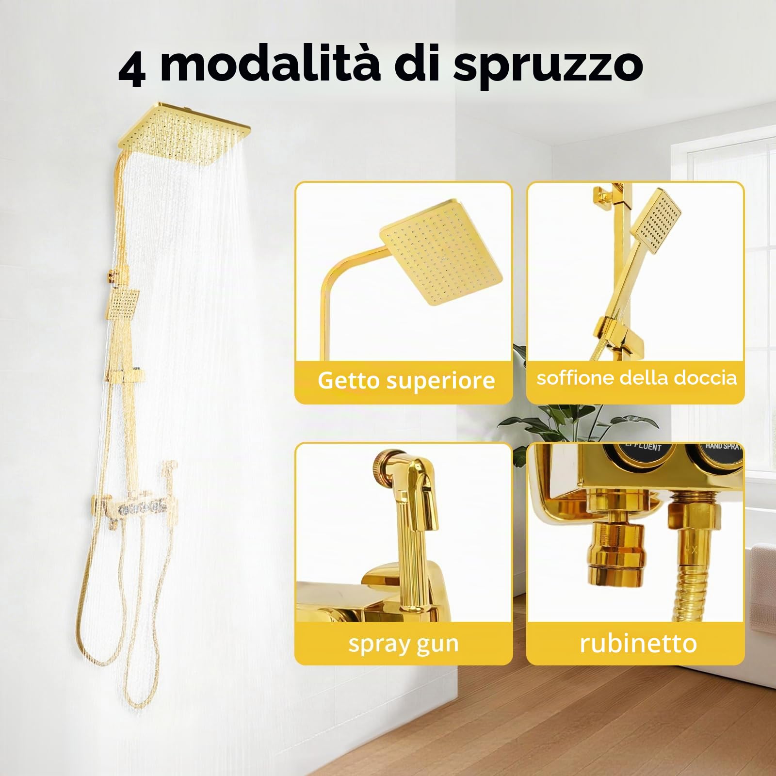 Sistema doccia dorato, regolabile in altezza (80-120 cm), set da parete con 4 funzioni, uscita acqua, doccia a pioggia, doccetta, rubinetto per vasca da bagno, bidet doccia