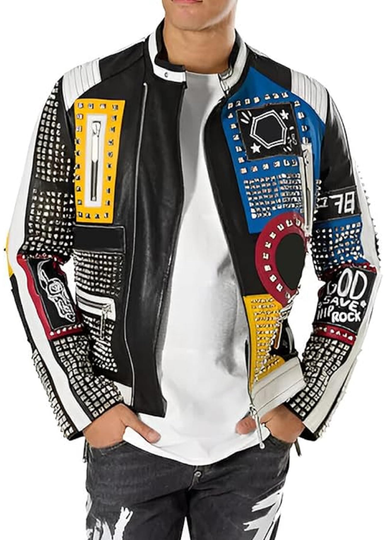 Giacca da motociclista in pelle con borchie punk rock da uomo stile cyberpunk multicolore patchwork capispalla