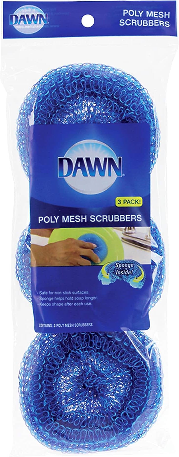 Dawn Non-Scratch Poly Mesh Round Scrubber Sponges, Blue (Pack of 3)