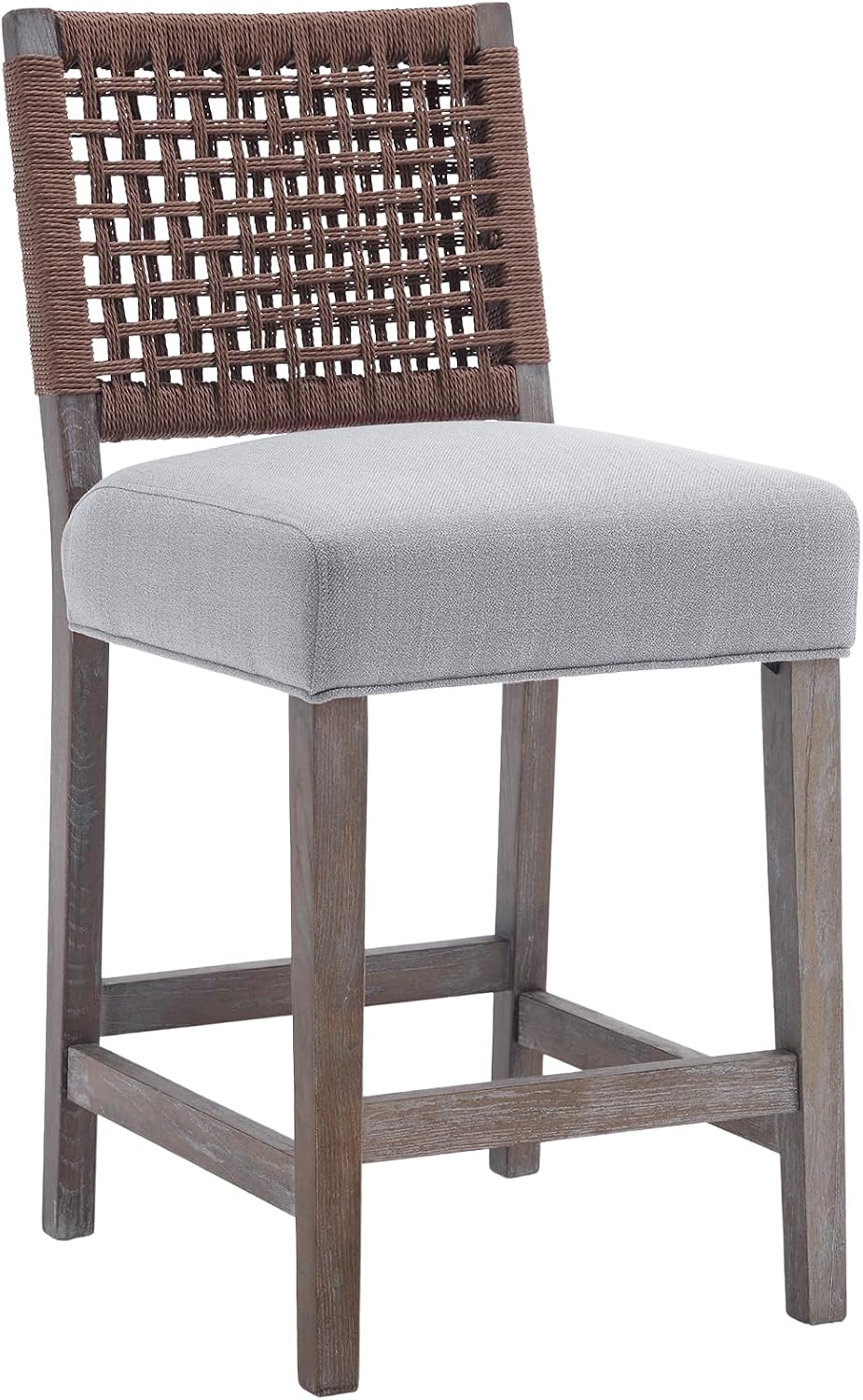 Kmax 27" Counter Height Bar Stools Set of 2, Farmhouse Wood Barstools with Linen Seat and Woven Backrest, 6.5-in Upholstered Bar Chairs for Kitchen, Cafe, Rustic Grey
