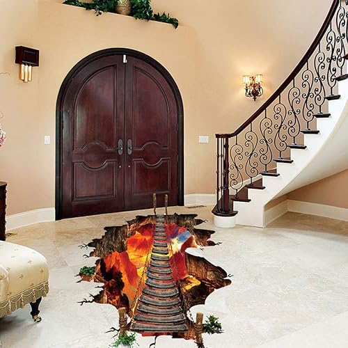 Miniatura 7 de Autoadhesivo 3D arte de pared con puente colgante de volcán, calcomanías de pared con llama y lava, papel tapiz impermeable extraíble para