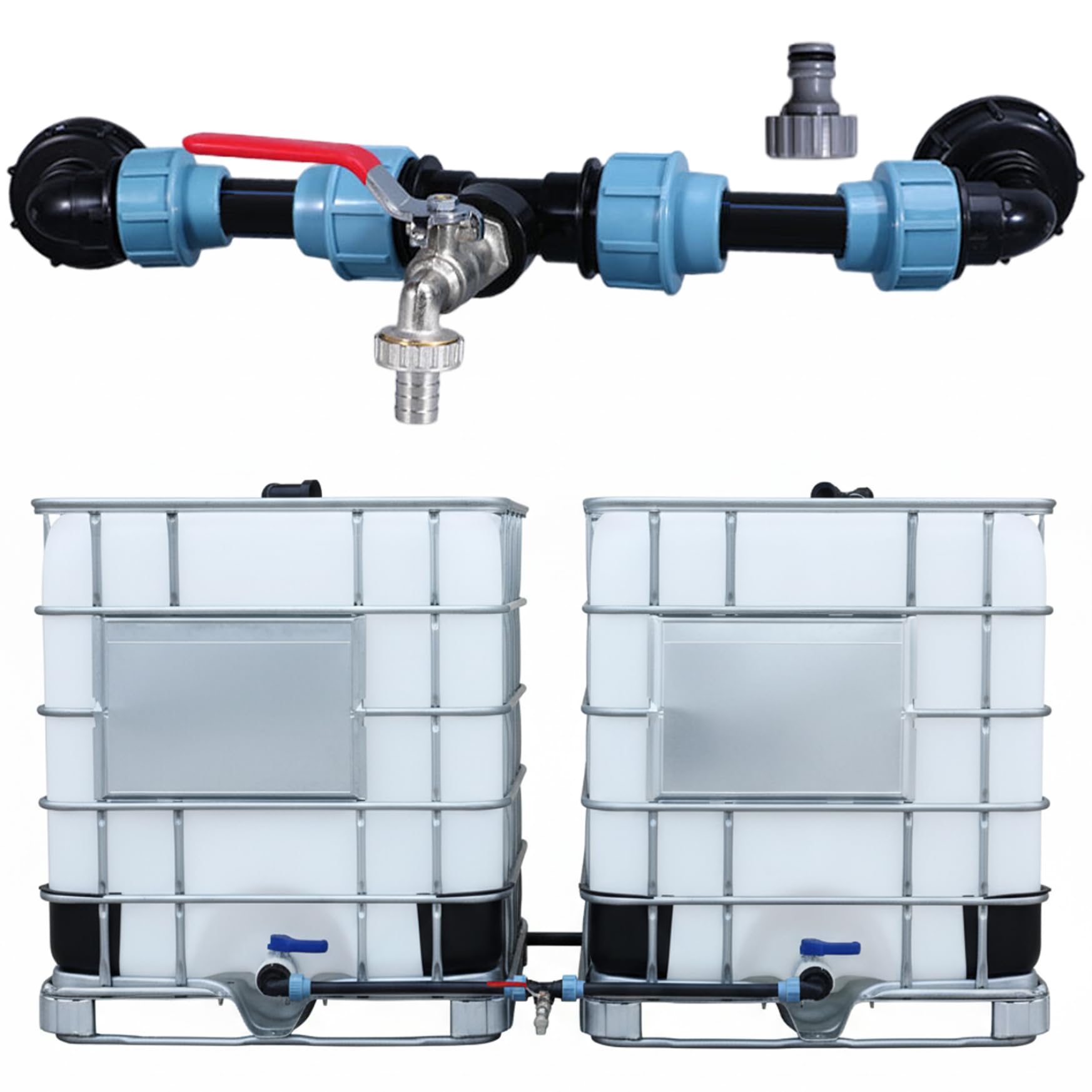 Regentonnen-Umleitungsset für 2 Fässer, robuster, vernickelter Messingzapfen mit PE-Schlauch und Anschlüssen, auslaufsicheres Verbindungsset für den Wassertransfer von IBC-Behältern, Regentonne