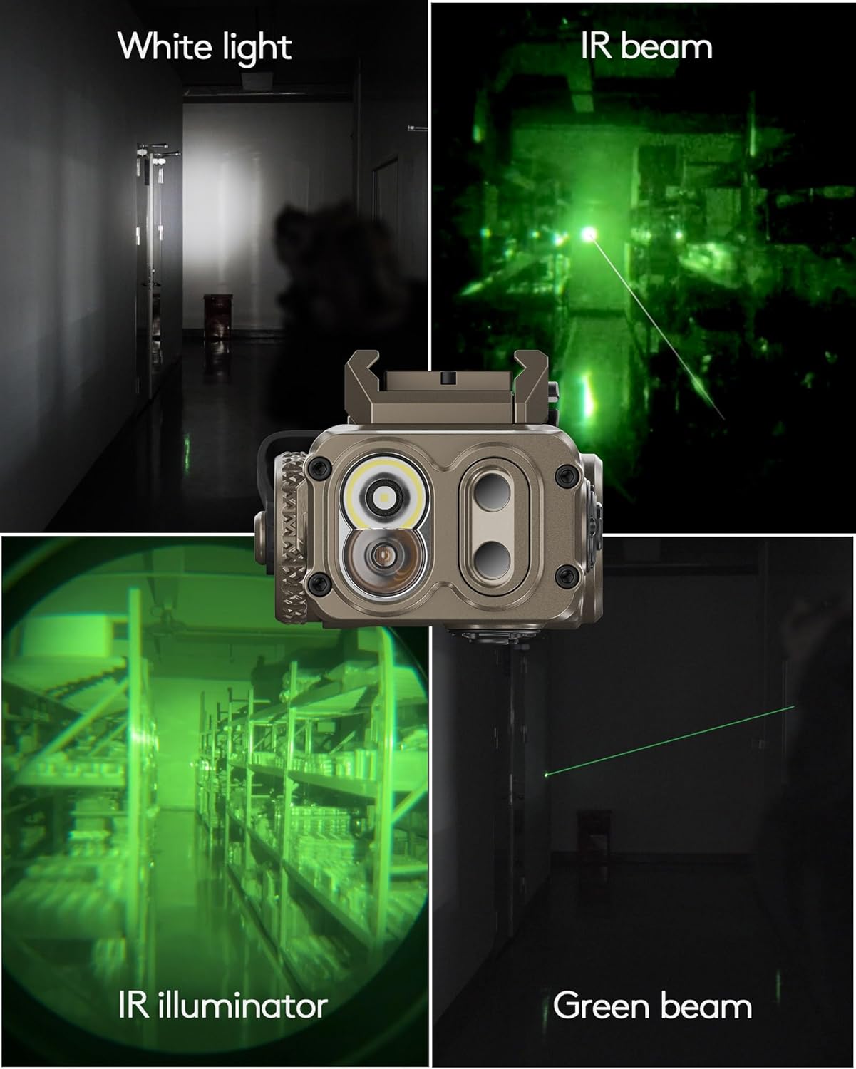 RovyVon GL5 Pro Crossbolt 4-in-1 Rail-Mounted Flashlight, 400 Lumens White Light, Visible Green Beam, IR Illuminator and IR Beam, Adjustable 1913/GL Adapter(Desert Tan)