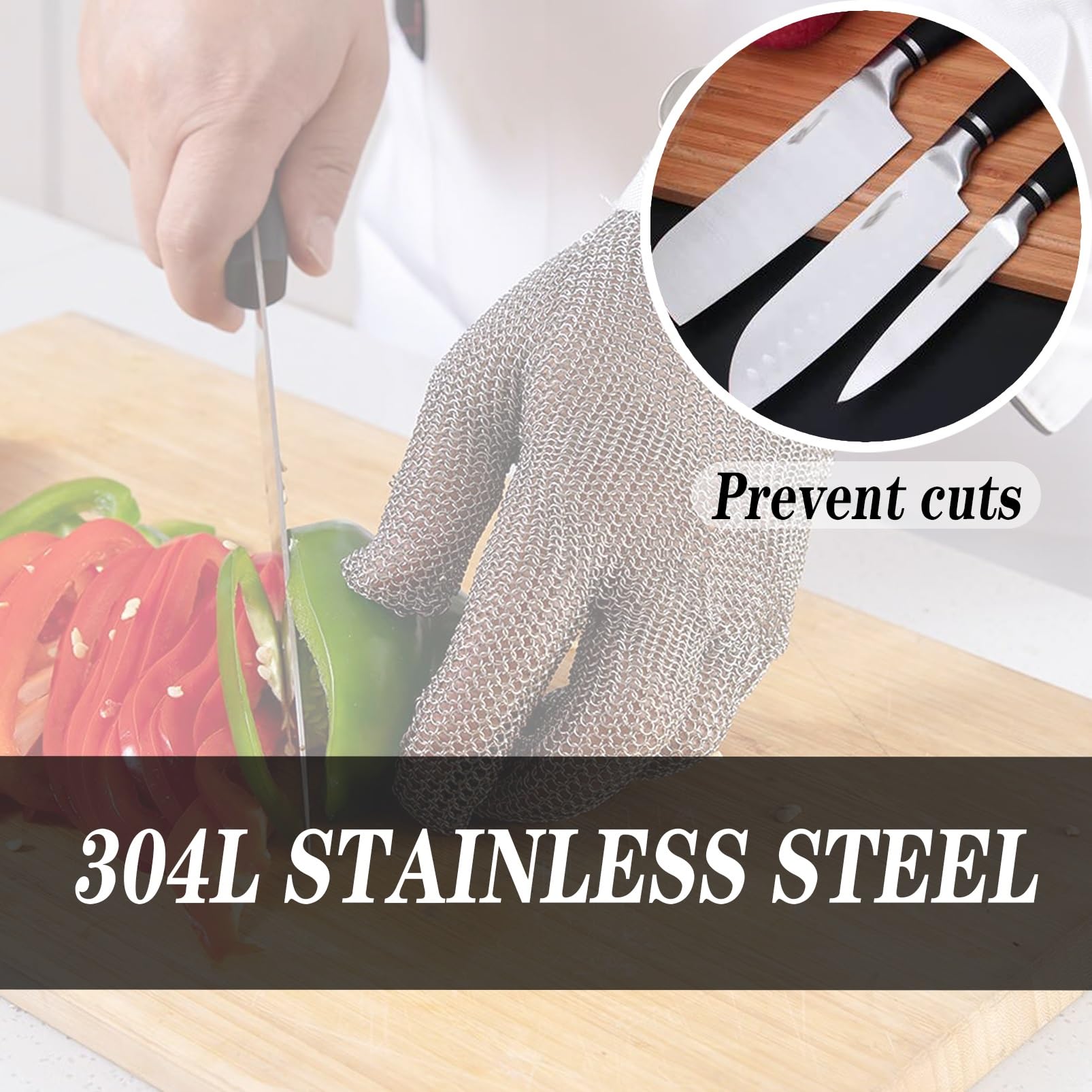 Cut Proof Gloves Rękawice odporne na przecięcia do supermarketu kuchennego, rękawice odporne na przecięcia z kolczugą do krojenia żywności z regulowanym nylonowym paskiem na nadgarstek(/M)