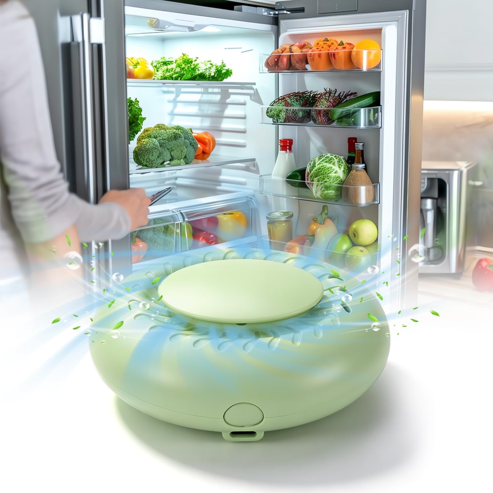 Rechargeable Fridge Deodoriser, Air Freshener Deodoriser with Aromatherapy Box and USB Charging, 3-Speed Air Purifier Mini Odor Remover for Refrigerator Closet Bathroom Car Shoe Cabinet (green)
