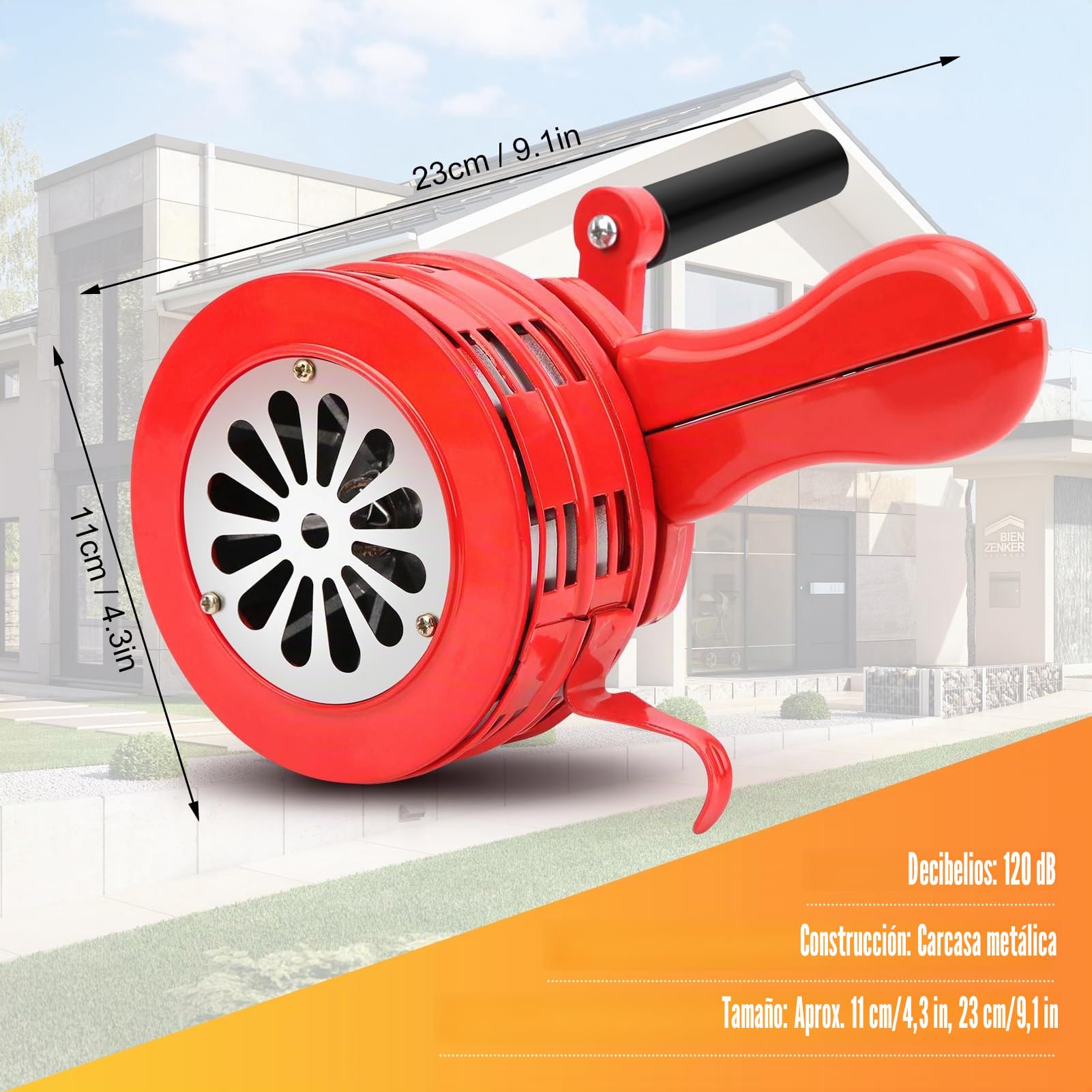Sirena de Emergencia Manual con Manivela 120 DB Roja para Seguridad Exterior sin Fuente de Alimentación Emergencias