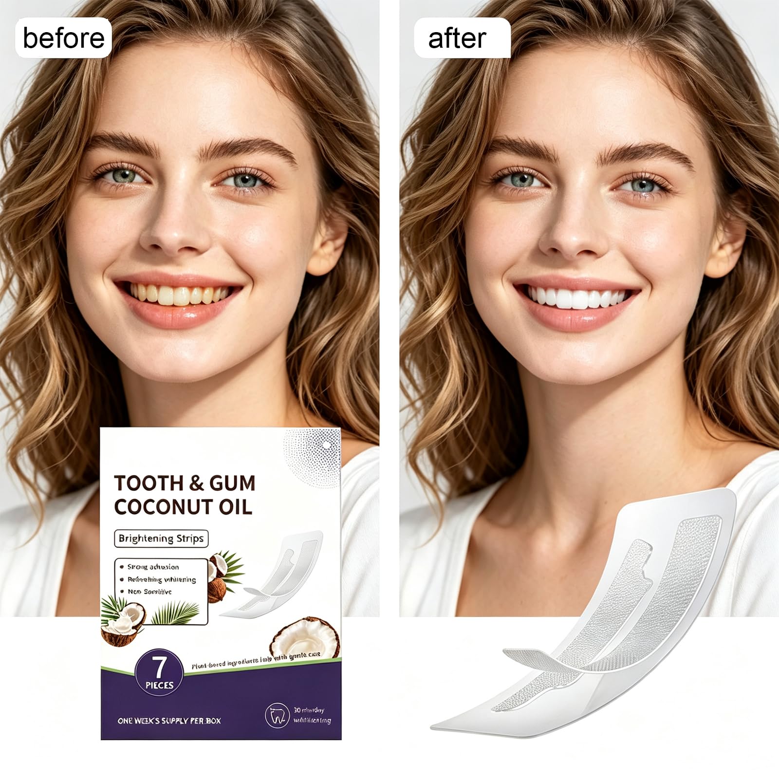 Strisce sbiancanti per denti all'olio di cocco con menta piperita, formula delicata sensibile per la rimozione delle macchie, sbiancante per macchie di fumo di caffè, tè e vino, strisce (10pcs)