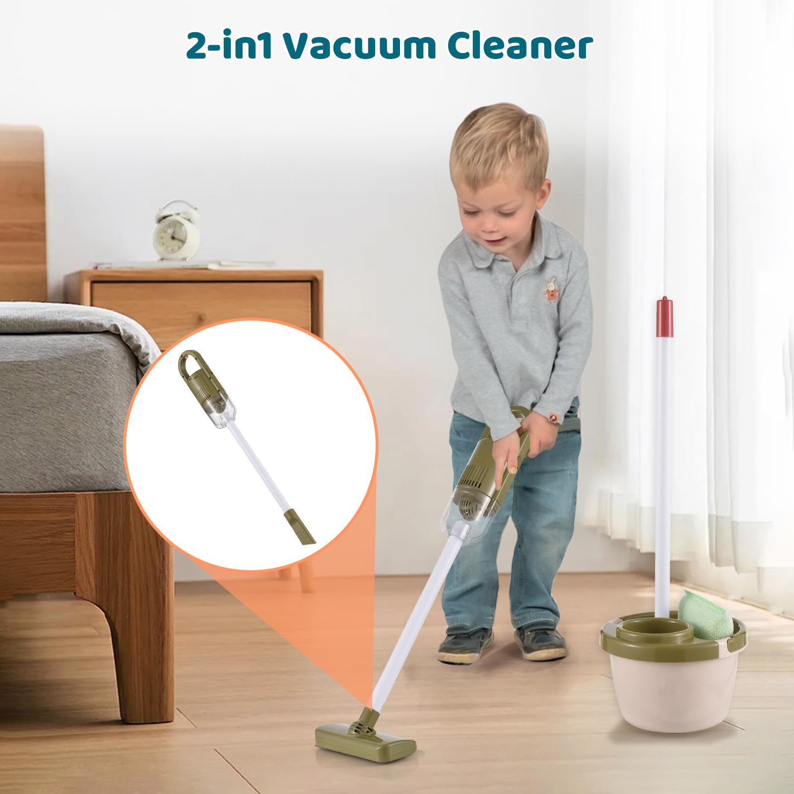 Walmeck Ensemble de Jouets de Nettoyage pour Enfants, Ensemble Jeu Ménage pour Tout-Petits, avec Aspirateur, Balai, Vadrouille, Pelle à Poussière, Seau Garçons et Fille