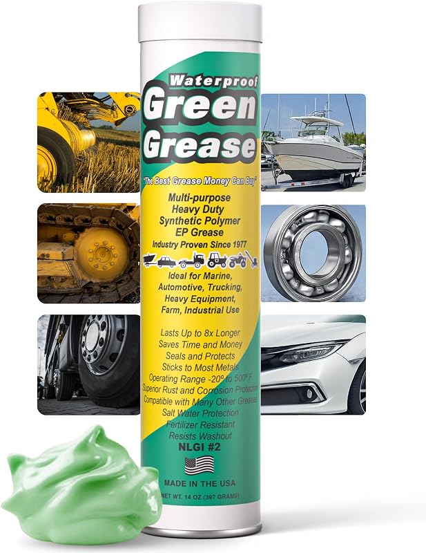Tubo de grasa verde ultra resistente de 14 oz para pistola engrasadora – Fabricado en Estados Unidos (1 paquete) | Grasa impermeable de grado marino - Litio NLGI 2, grasa para rodamientos de ruedas de alta temperatura para uso agrícola, doméstico e industrial - Fabricada en EE. UU.