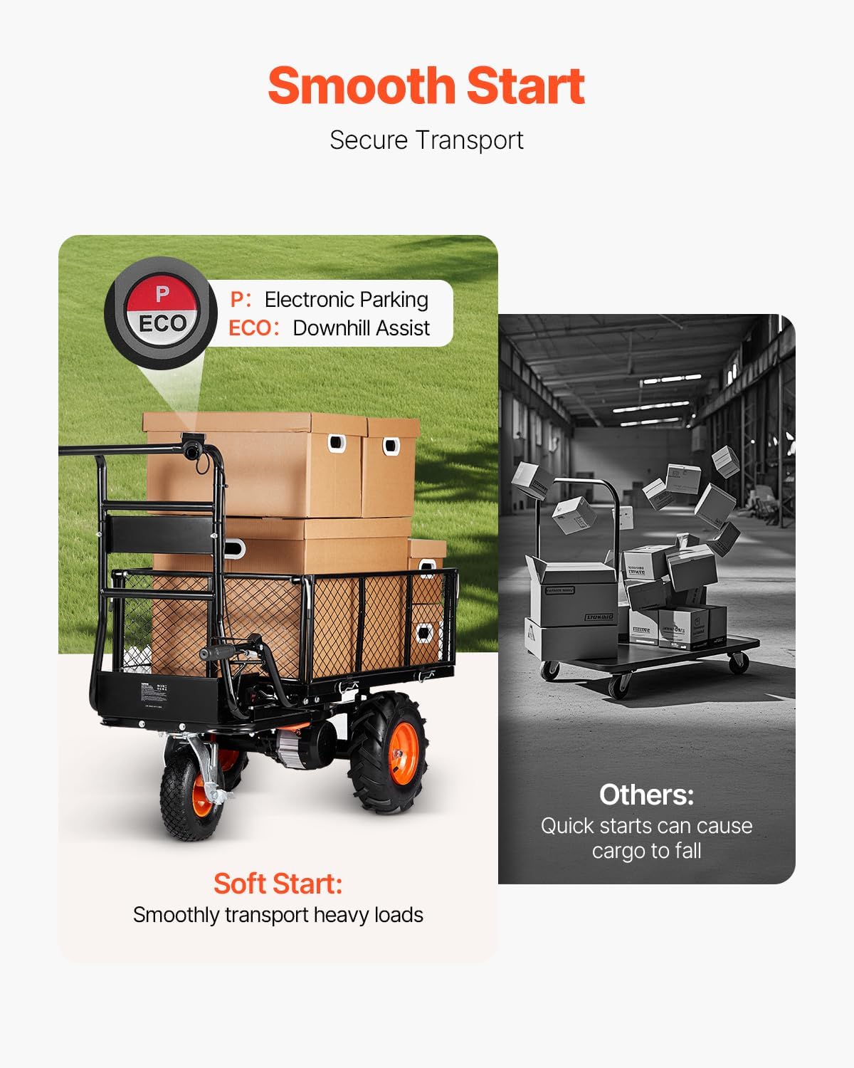 Comparison image showing the VEVOR Electric Utility Cart's smooth start feature preventing cargo shift versus a quick start causing items to fall.