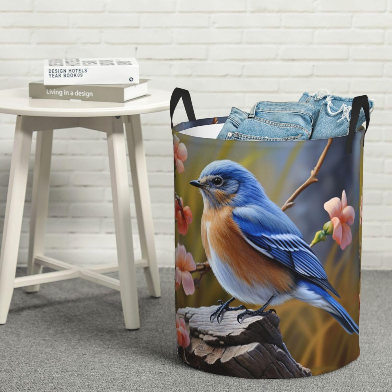 Fodpand Black Eastern Bluebird Laundry Basket With Handle, Freestanding Laundry Hamper, Collapsible Dirty Clothes Hamper, Waterproof Fabric Blanket Storage Basket Tall Toy Storage Bin Room Decor Small
