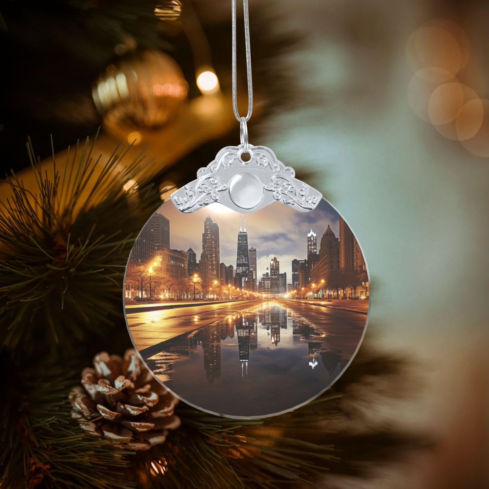 Crystal Christmas Ornaments for Christmas Tree Decoration Hanging Chicago Ornament with Gold Ribbon Crafts Round Pendant for Keepsake Gifts Glass Xmas Decor Party Supplies