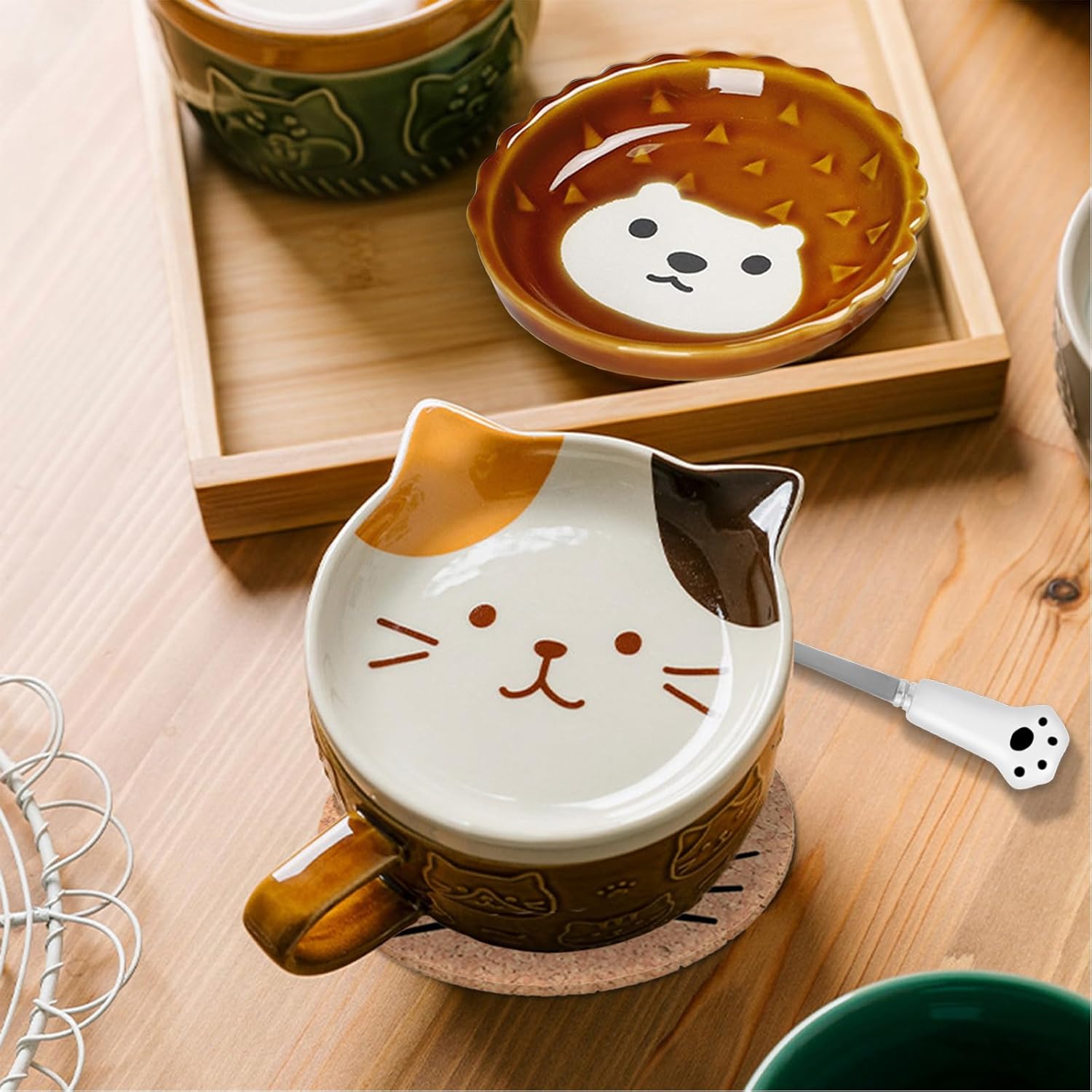 Gifts for Women Her Cute Kawaii Cat Coffee Mugs with Lids Christmas Birthday Presents for Girls Friend Kids Men Wife Mom Grandma Teacher Novelty Animal Coffee Ceramic Tea Cup Dessert Saucer Set - Image 2