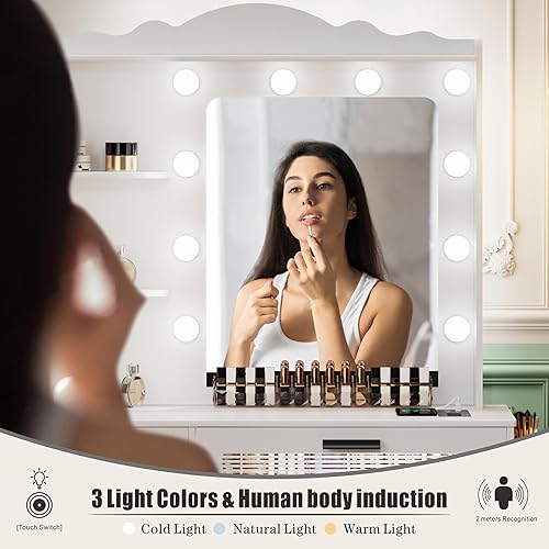 Miniatura 2 de HWB Escritorio de maquillaje con espejo y luces, mesa de tocador con 5 cajones y 2 estantes, juego de tocador para dormitorio, tocador con 10