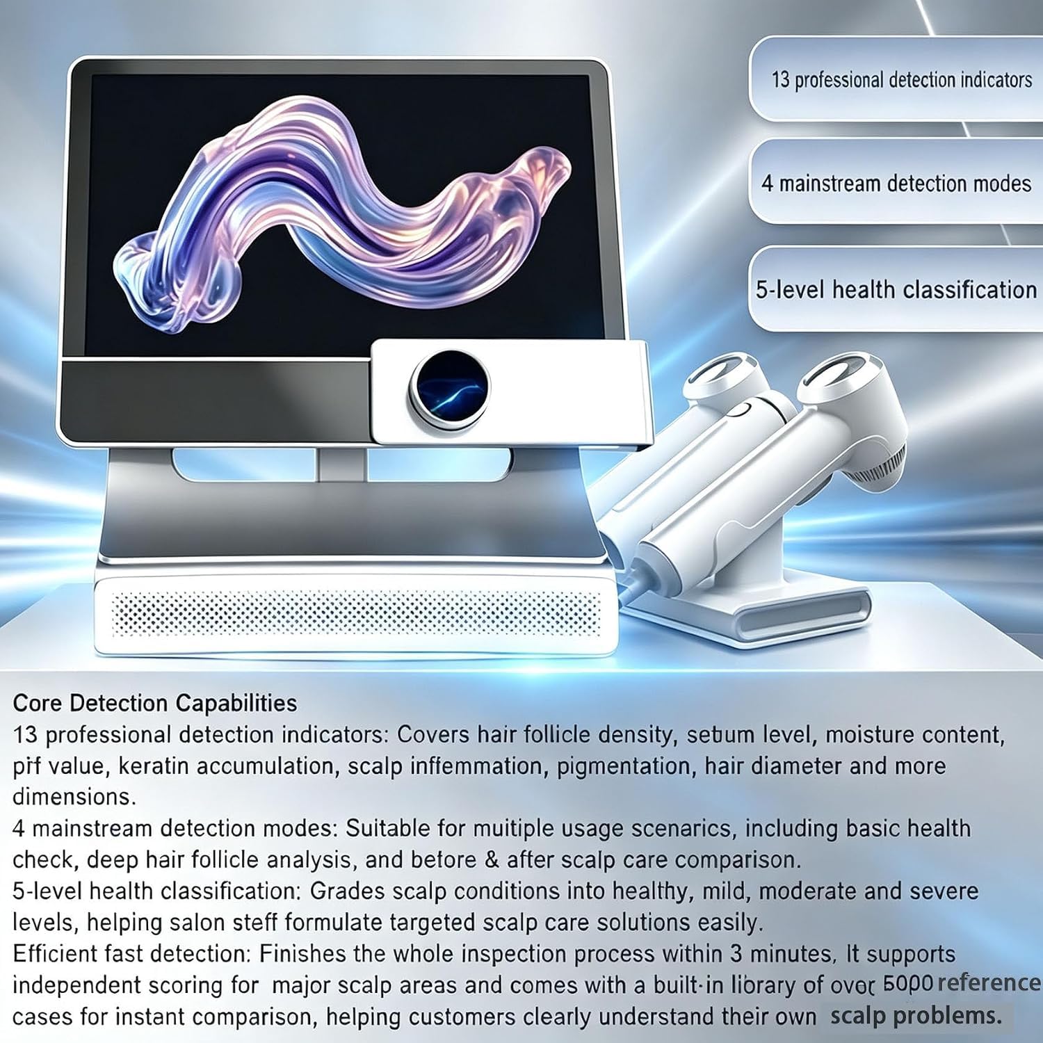 Analizador Profesional de Cuero cabelludo y Cabello con Pantalla HD de 15,6". Cabezales duales de 50x y 200x. Microscopio Digital para análisis de Cuero cabelludo y Piel.