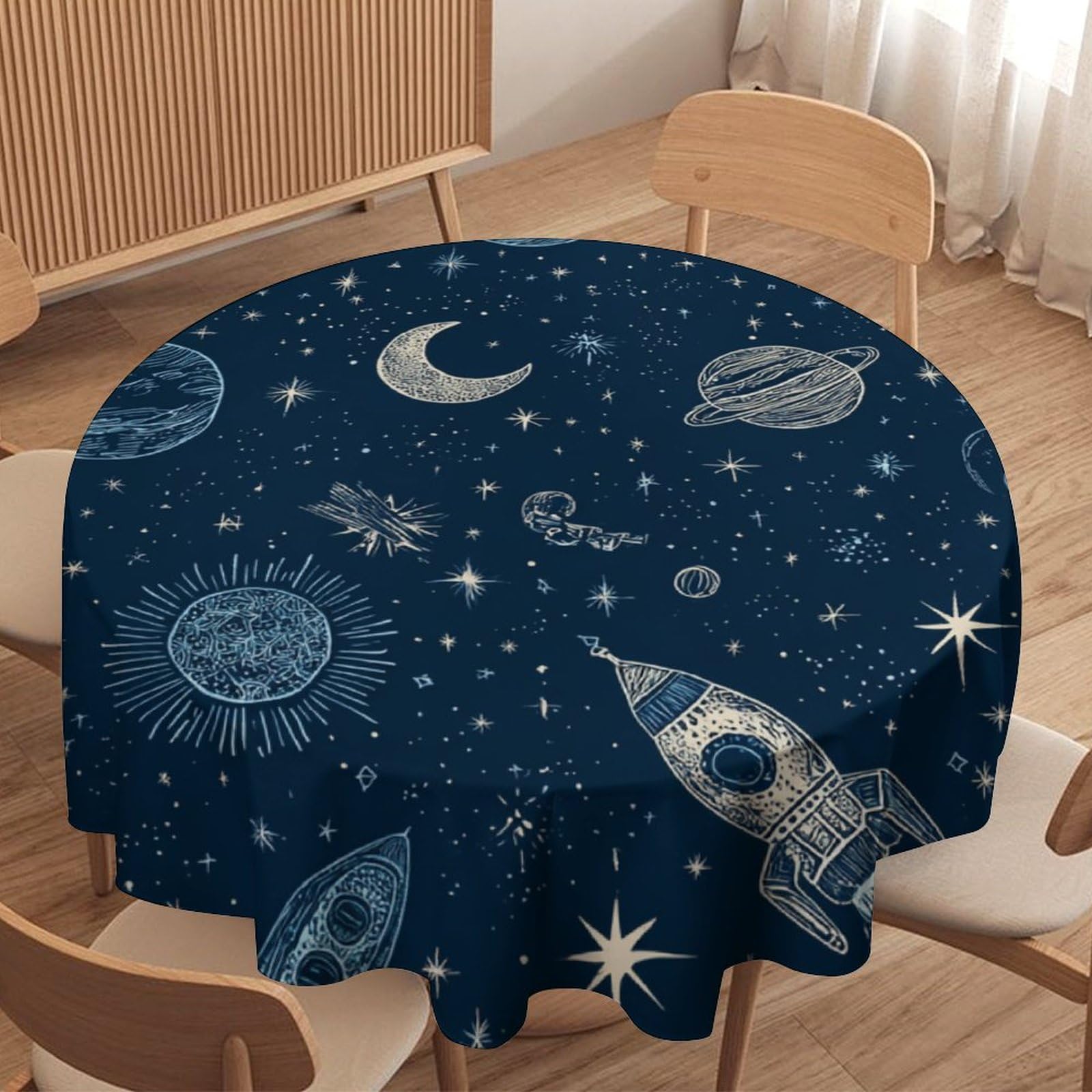 LUYYSKY Cute Abstract Galaxy Rocket Round Tablecloth Classic Anime Outer Space Moon Planet Constellation Print Washable Decor for Table Cover for Kitchen-177.8" Wx177.8 L cm