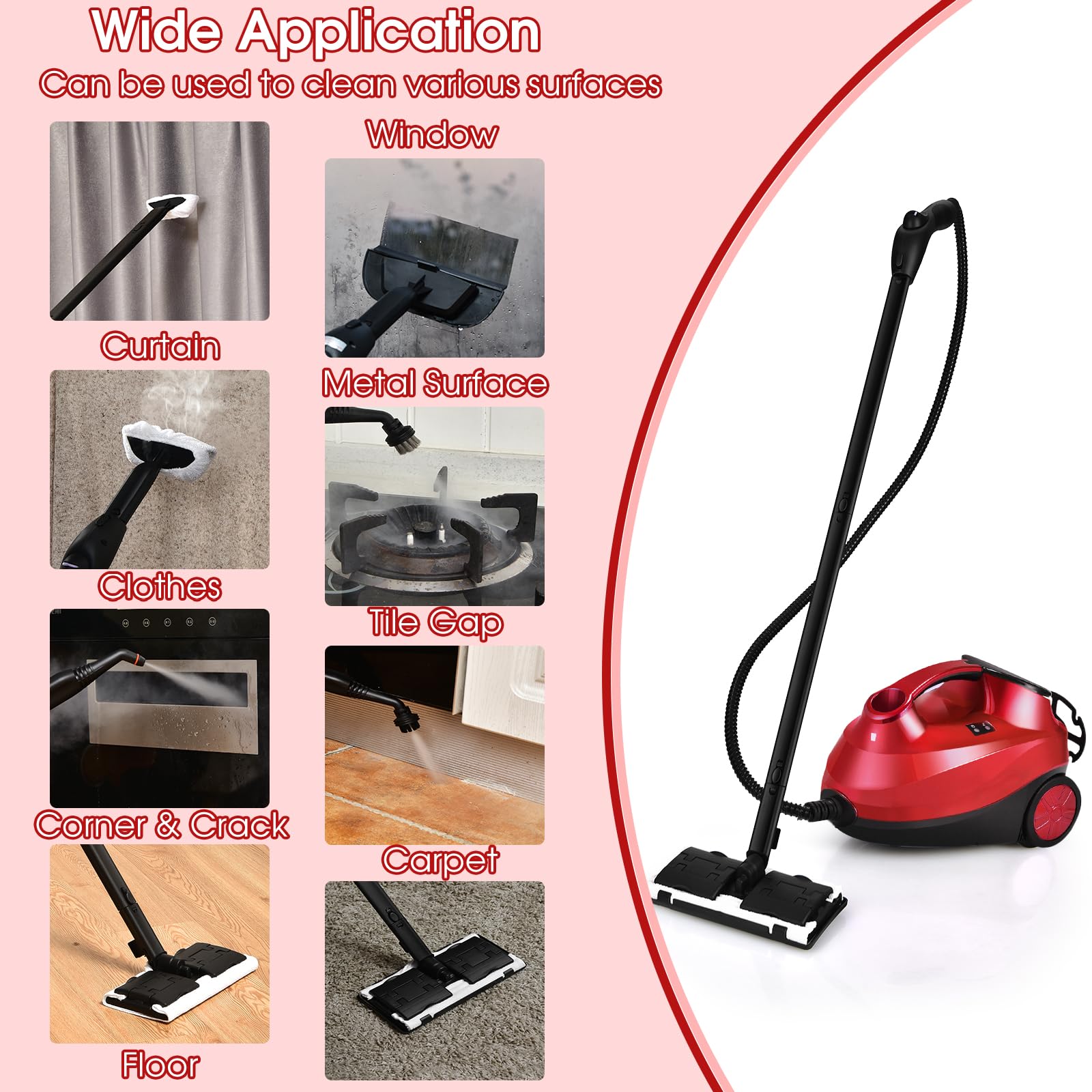 SOARS Pulitore a Vapore Portatile 2000W, Pressione del Vapore: 4 Bar, Massimo 108℃, Preriscaldamento: 5-6 Min, Serbatoio dell'Acqua: 1,5L, con 19 Accessori, per Divano, Pavimento, Finestra (Rosso)