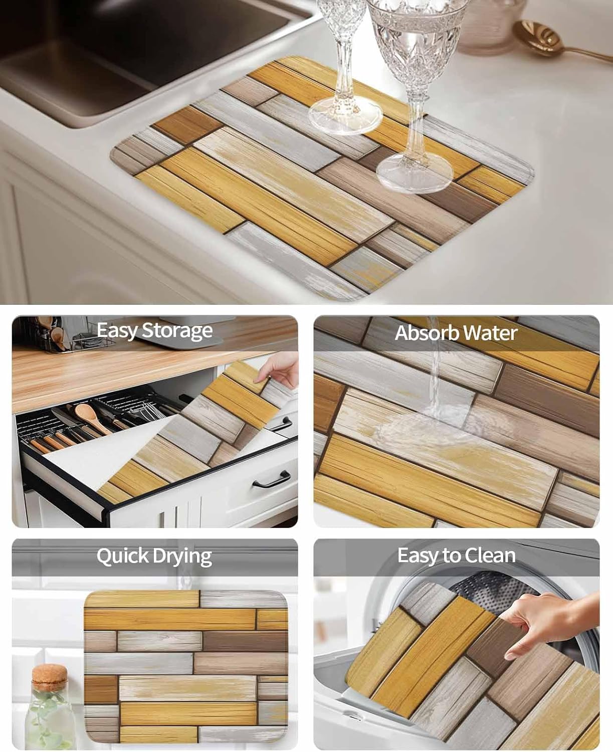 Vintage Wood Grain Dish Drying Mat for Kitchen Counter Yellow Brown Board Farmhouse Super Absorbent Microfiber Coffee Bar Mat Washable Dish Drainer Rack Mat, 2 Pack, 18" x 24"