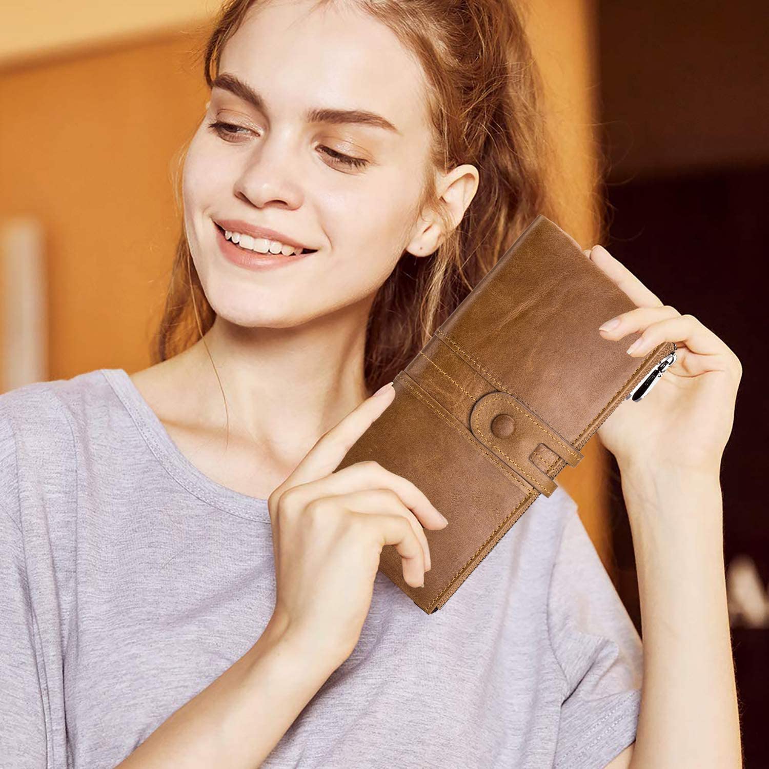 Roulens Cartera de Piel con Cremallera para Mujer con RFID Bloqueo,Monederos para Mujer Cartera de Mujer de Gran Capacidad de Cuero Genuino de Mujer