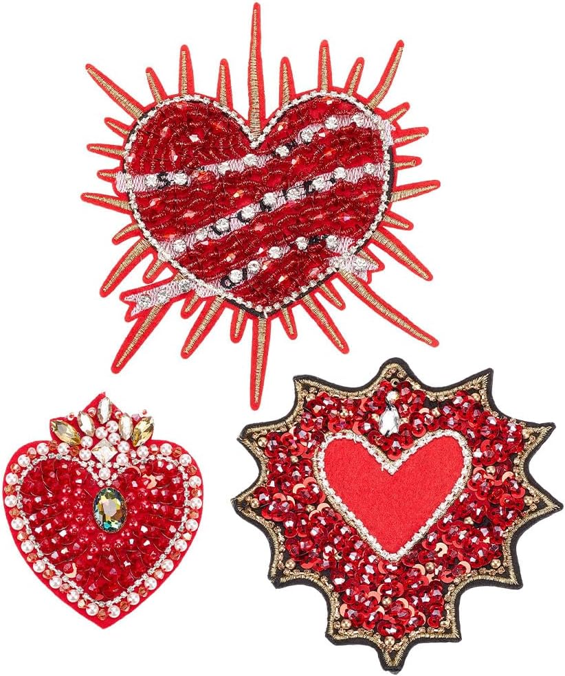 INFUNLY Love Heart Patch Applique 3 PCS 4.3X7.9 inches Beaded Rhinestone Patches Red Cartoon Patches DIY Decorated Accessories Sew On Patches for DIY Jeans Jacket Women's Clothing Bag Arts Craft