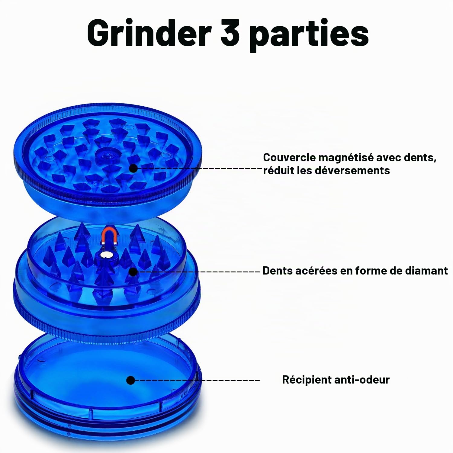 Pack x6 Moulins à herbes en plastique, Grinders 2,4 pouces (60mm), Grinder à 3 pièces, incluses couvercle magnétique et compartiment de rangement hermétique