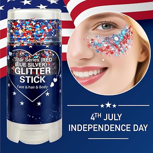 Red White and Blue Body Glitter,4th of July Outfits for Women Kids Patriotic Accessories,Face Hair Glitter Gel Makeup,USA Flag Holographic Long Lasting Chunky Sequins Glitter (Red White and Blue)(Red White and Blue)