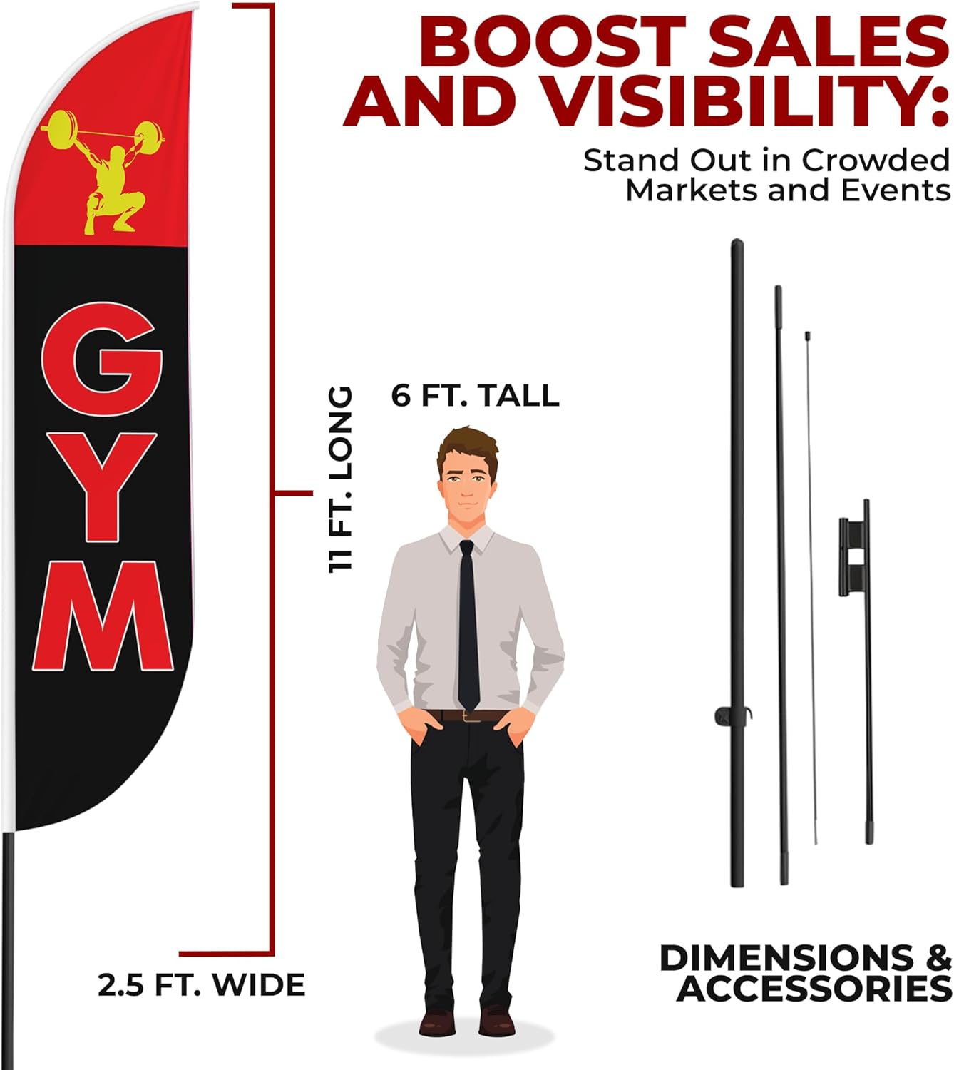 Gym Sign Feather Flag Pole Kit for Outdoor by Mavis Printing | 15 FEET Long Polyester Outdoor Banner Flag Stand for Easy Hang | HD Print Swooper Flag Pole Mount to Advertise Gym| Made in USA