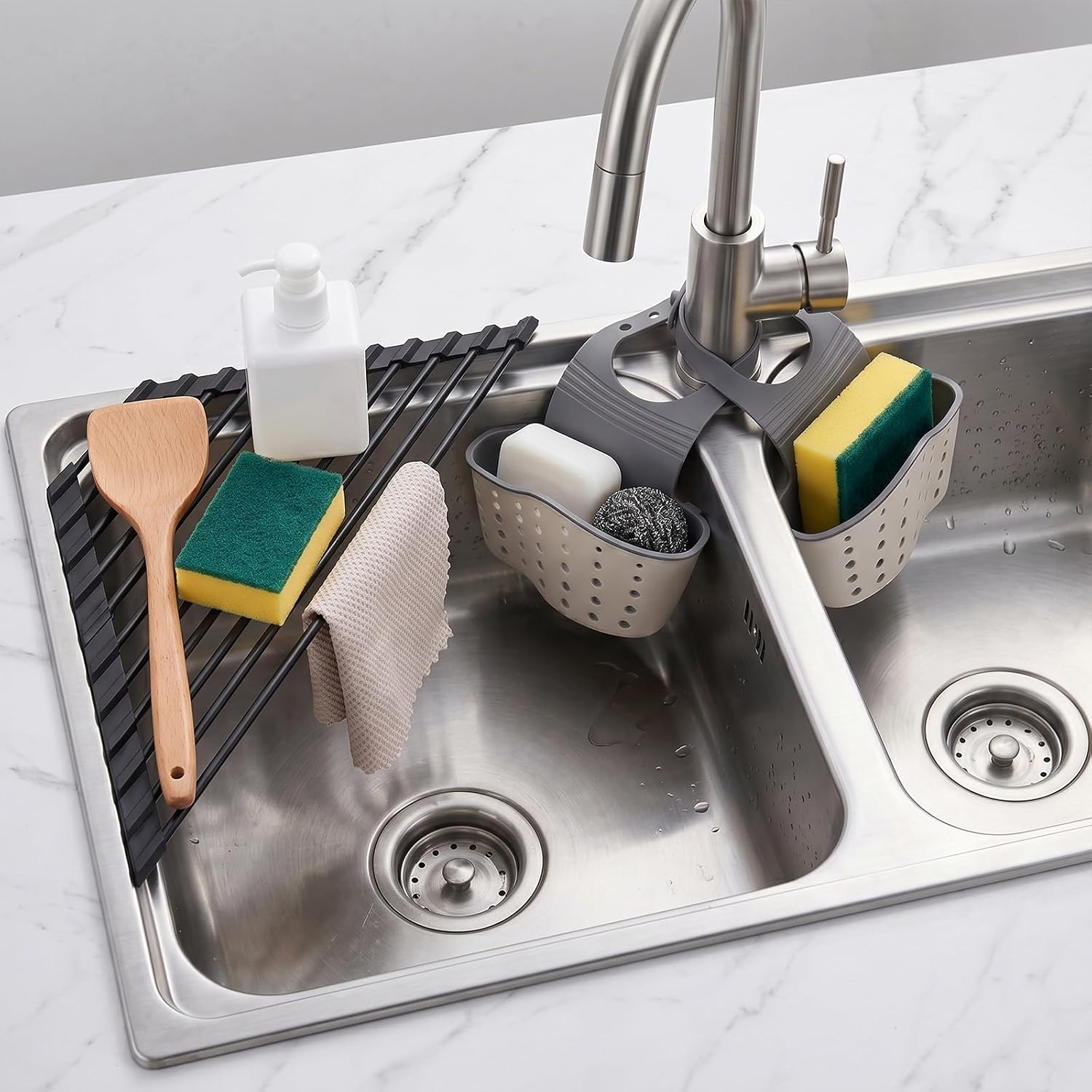2 Sink Caddy Sponge Holder & 1 Triangle Roll-Up Dish Drying Rack, Silicone Coating Stainless Steel for Sink Corners, Hanging Ajustable Strap Faucet Caddy for Kitchen Drainer Drying