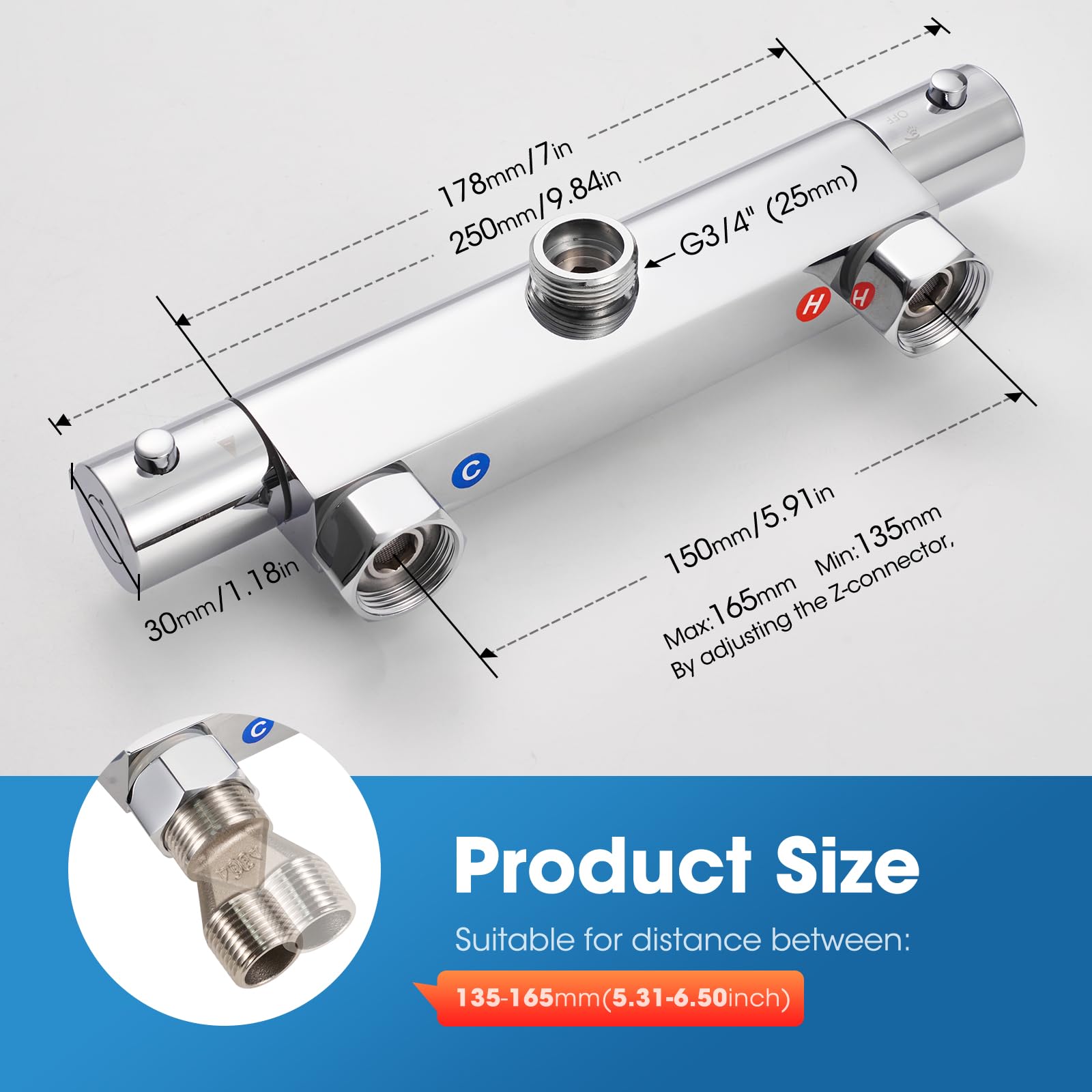 Grifo Termostático Ducha, Termostato Ducha con el Botón de Seguridad, Grifería de Bañera de Pared de 38 ℃, Grifo Ducha Termostatico de Latón Cromado de Salida Superior de 3/4" Inferior de 1/2"