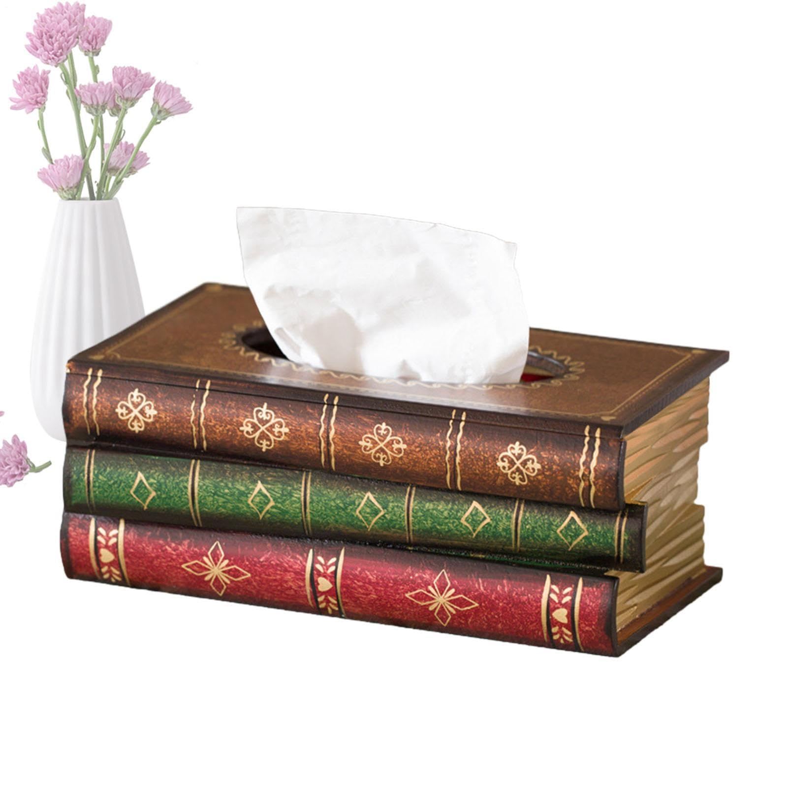 Decorative Tissue Cover For Car & Home - Antique Book Stack Rectangular Facial Tissue Holder, Hand-Painted Wooden Box Case | Retro Desk Decor & Napkin Dispenser Gift For Colleagues