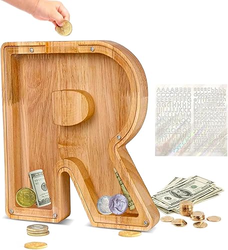 Miniatura 42 de Alcancía de madera con letras de madera, alcancía para niños y niñas, grande, 26 letras del alfabeto, banco de dinero personalizado con nombre
