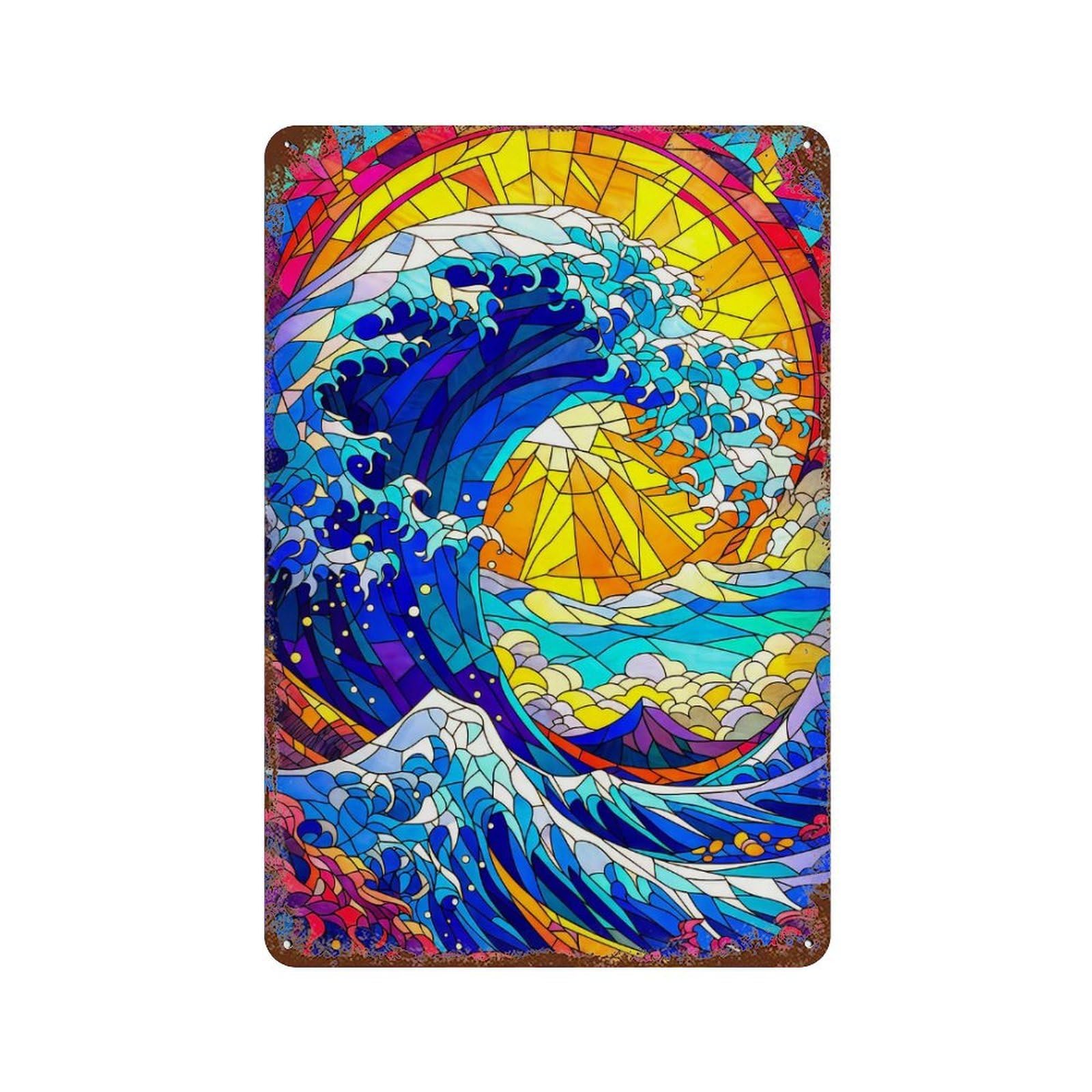 Stained Glass Kanagawa Decorative Tin Sign 11.8"x7.9", Retro Wall Decor for Garage, Pub Or Kitchen