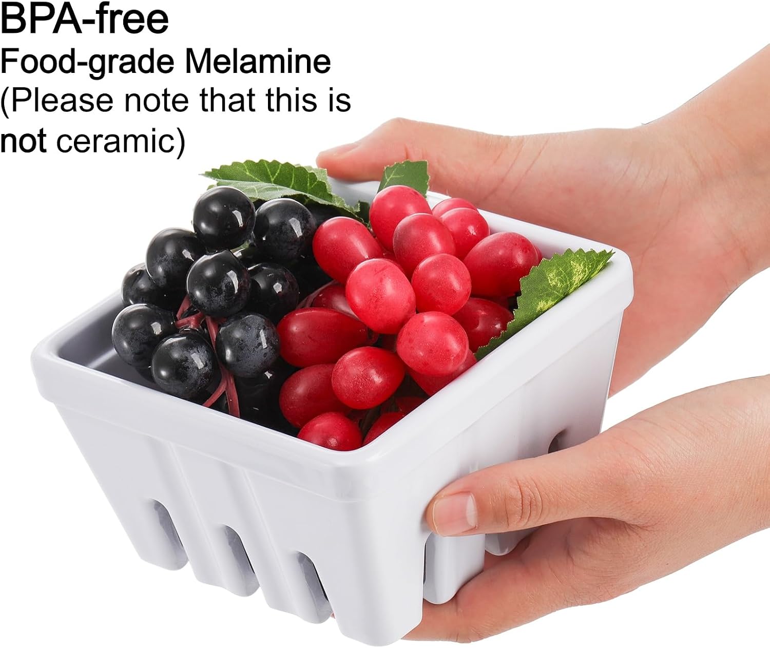 ZEAYEA Set of 2 Melamine Berry Basket, Berry Bowl With Holes, Square Kitchen Fruit Basket for Christmas, 5" Colander for Strawberry, Grape, Cherry, Berries, Veggies