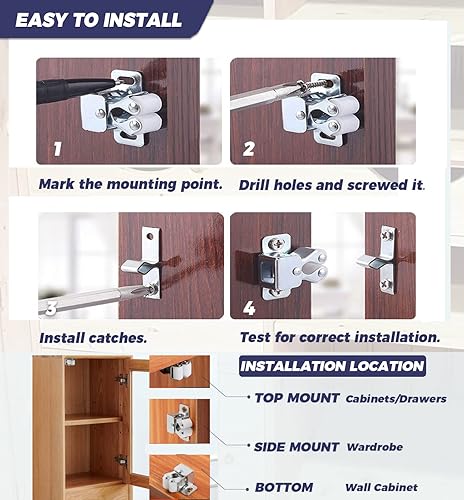Miniatura 6 de 20 cierres para puerta, doble rodillo de sujeción fuerte con tornillos de instalación, pestillo de puerta de armario para muebles, armario, armario