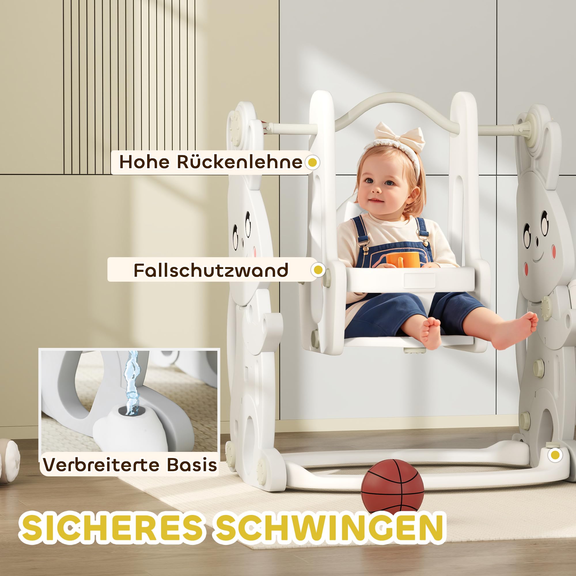 AIYAPLAY Rutsche 4-in-1 Kinderrutsche mit Schaukel, Klettergerüst, Basketballkorb, Kinder Spielplatz mit Hasendesign Kleinkinderrutsche für Indoor und Outdoor Kinder von 1,5-4 Jahren Grau