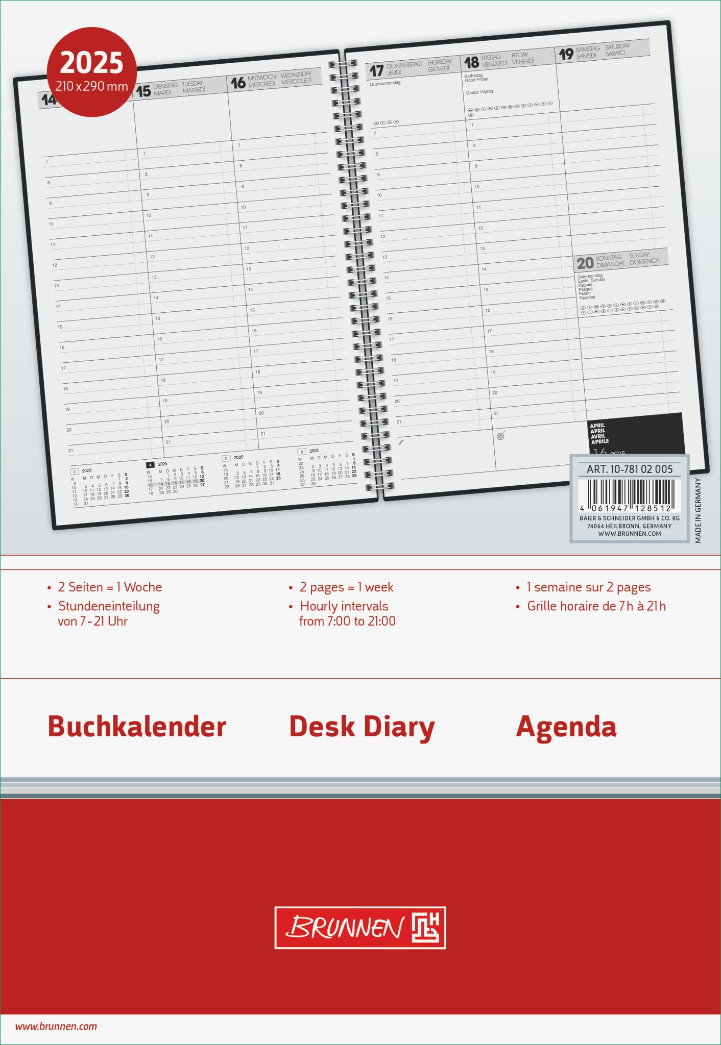 BRUNNEN Agenda De Libro Modelo 781 (2025), 2 Páginas = 1 Semana, A4, 144 Páginas, Tapa De Polipropileno, Transparente