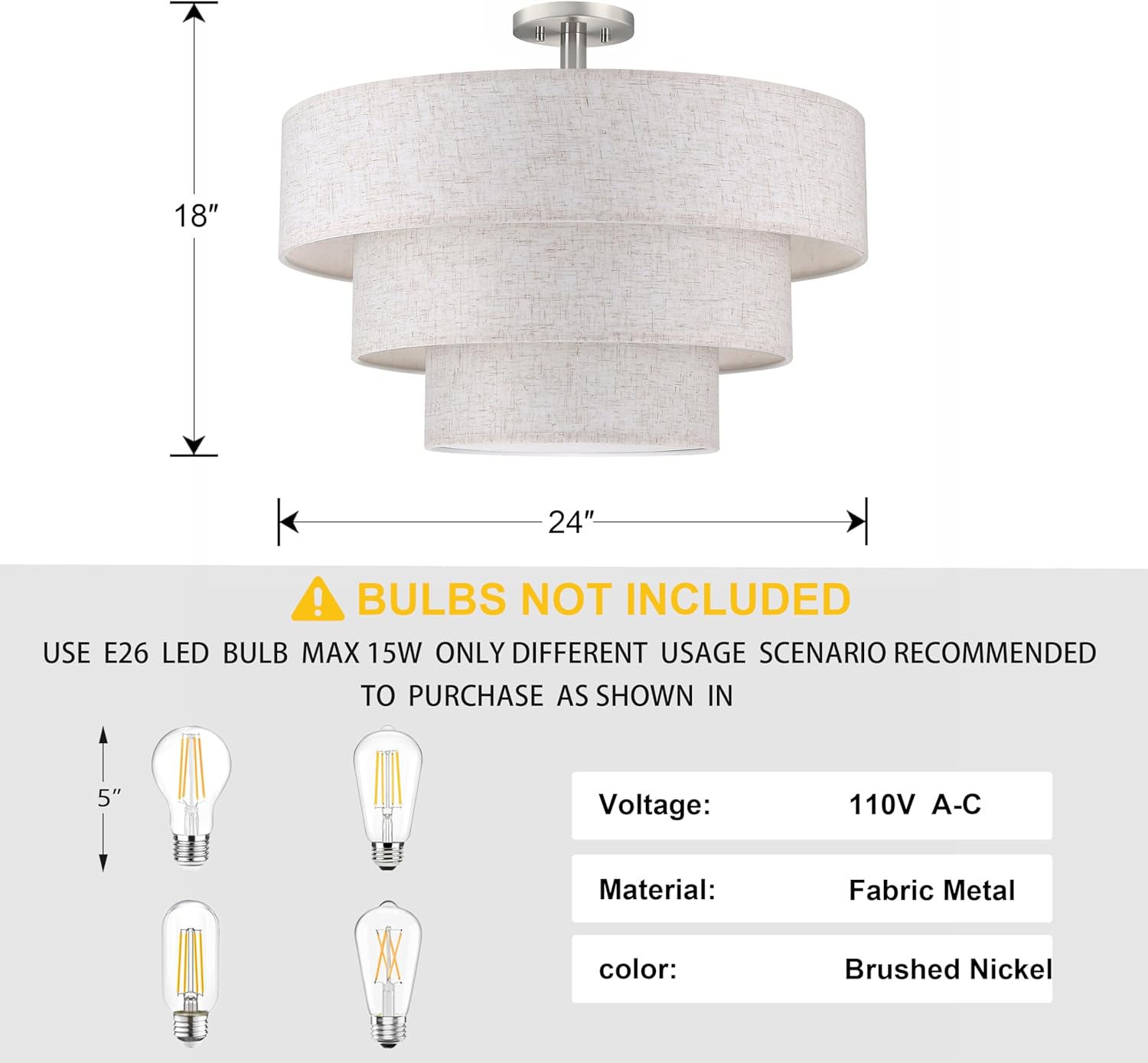 Doraimi Lighting 3 Tier Cream Linen Drum Fabric Semi Flush Mount Light Modern Farmhouse Decor 7 Light 24 Inch Brushed Nickel Finish for Kitchen Living Room Dining Room Corridor Hallway