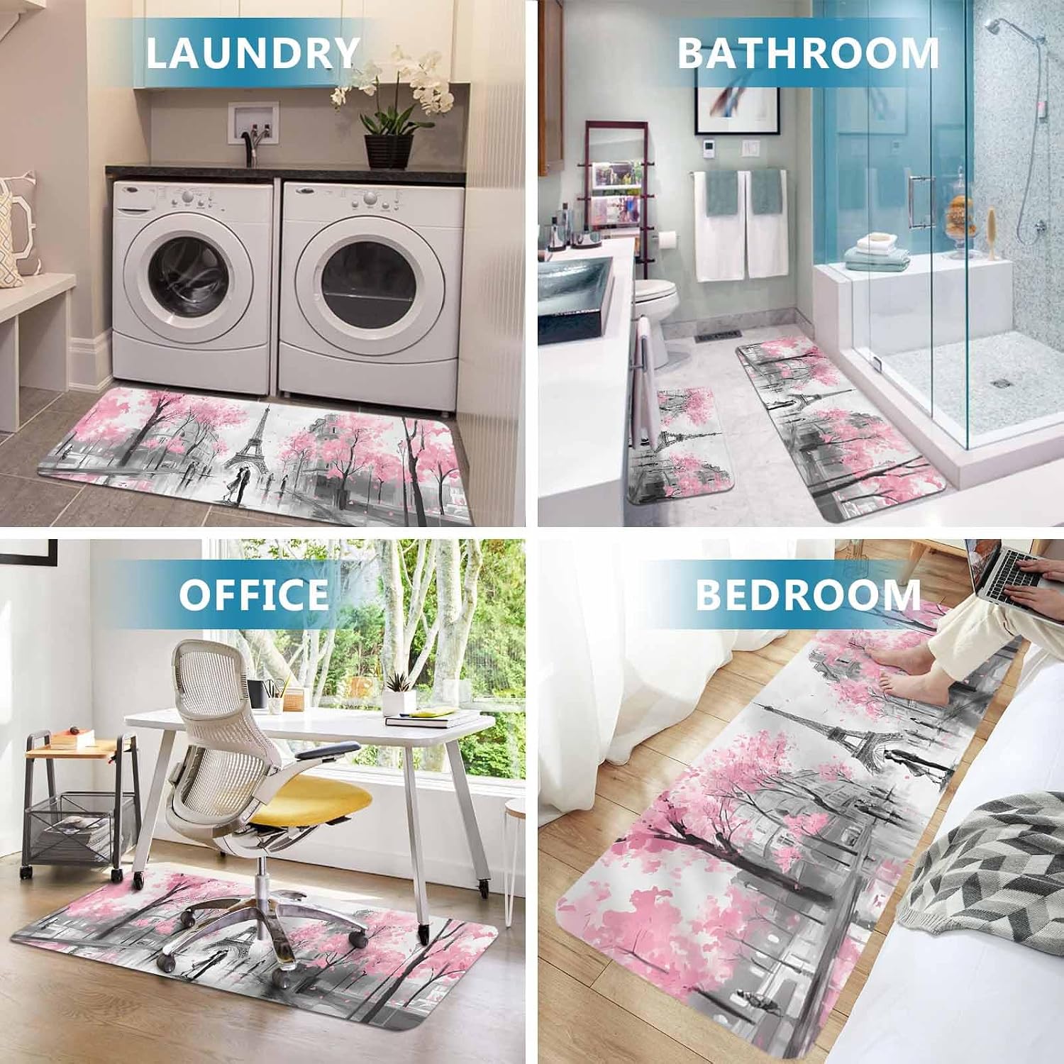 Prime Leader Eiffel Tower Kitchen Mat Set 2 Pieces Sweet Couple Pink Cherry Blossom Trees Non Slip Kitchen Rugs Washable Runner Rug Mats for Sink Laundry (19.7" x 31.5"+19.7" x 63")