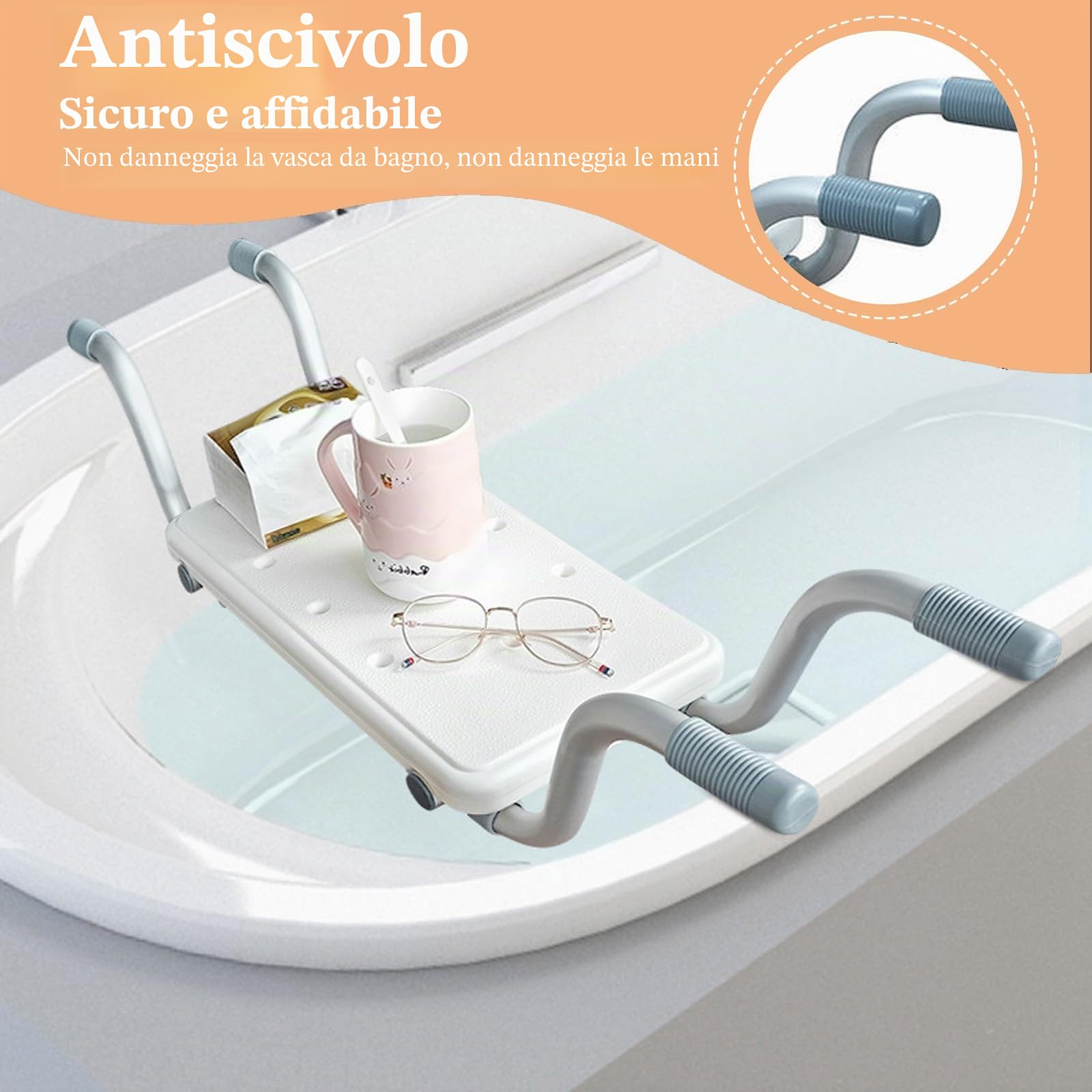 Sedile per vasca da bagno, Sedia per Vasca da Bagno per Anziani estraibile 72-82 cm, portata 136 kg, sedile regolabile per vasca da bagno, ripiano per vasca da bagno