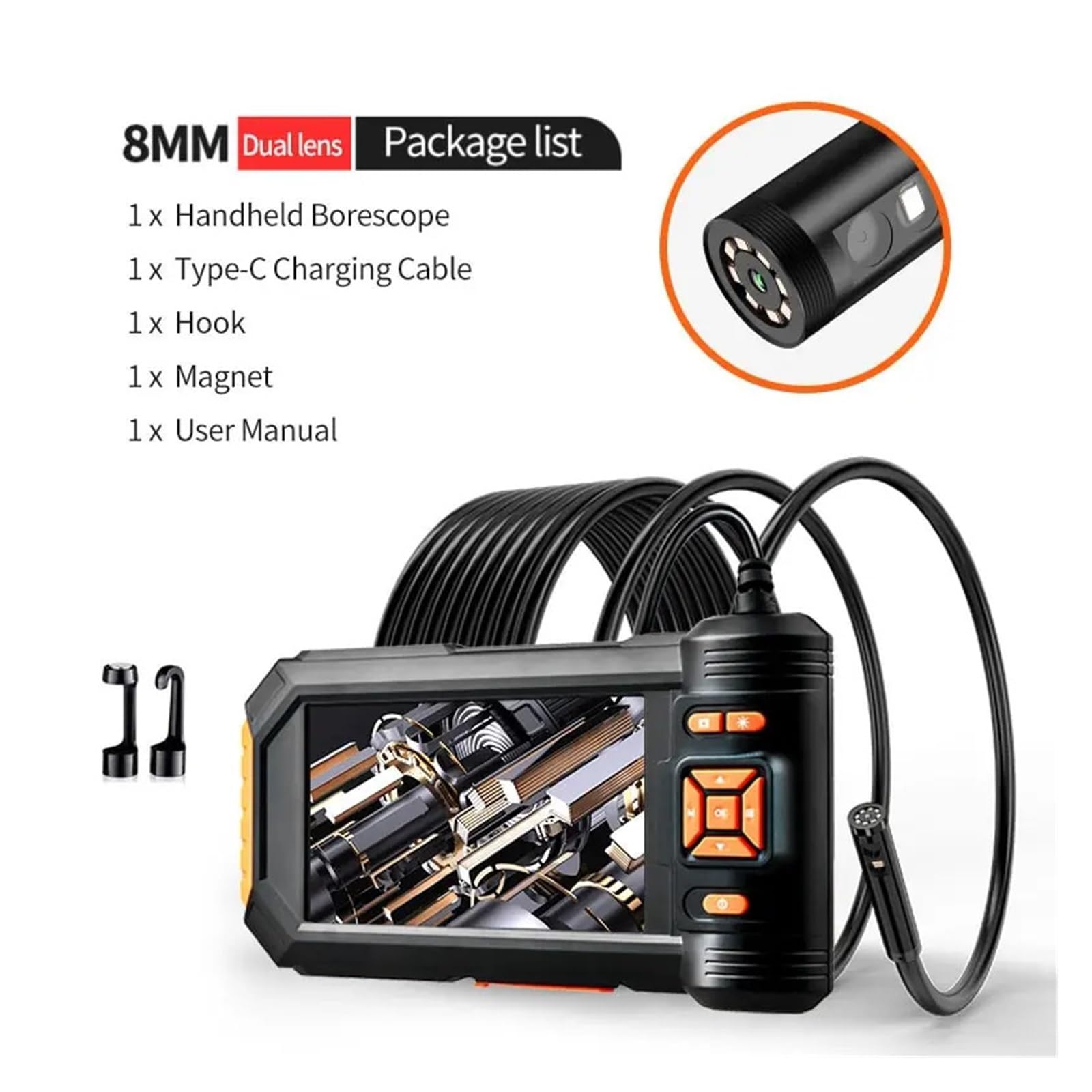 Dual & Triple Lens Industrial Endoscope 1080P 5 ''LCD Borescope Inspection Camera With 8mm IP67 Waterproof Snake Camera For Car(10m,Dual lens)
