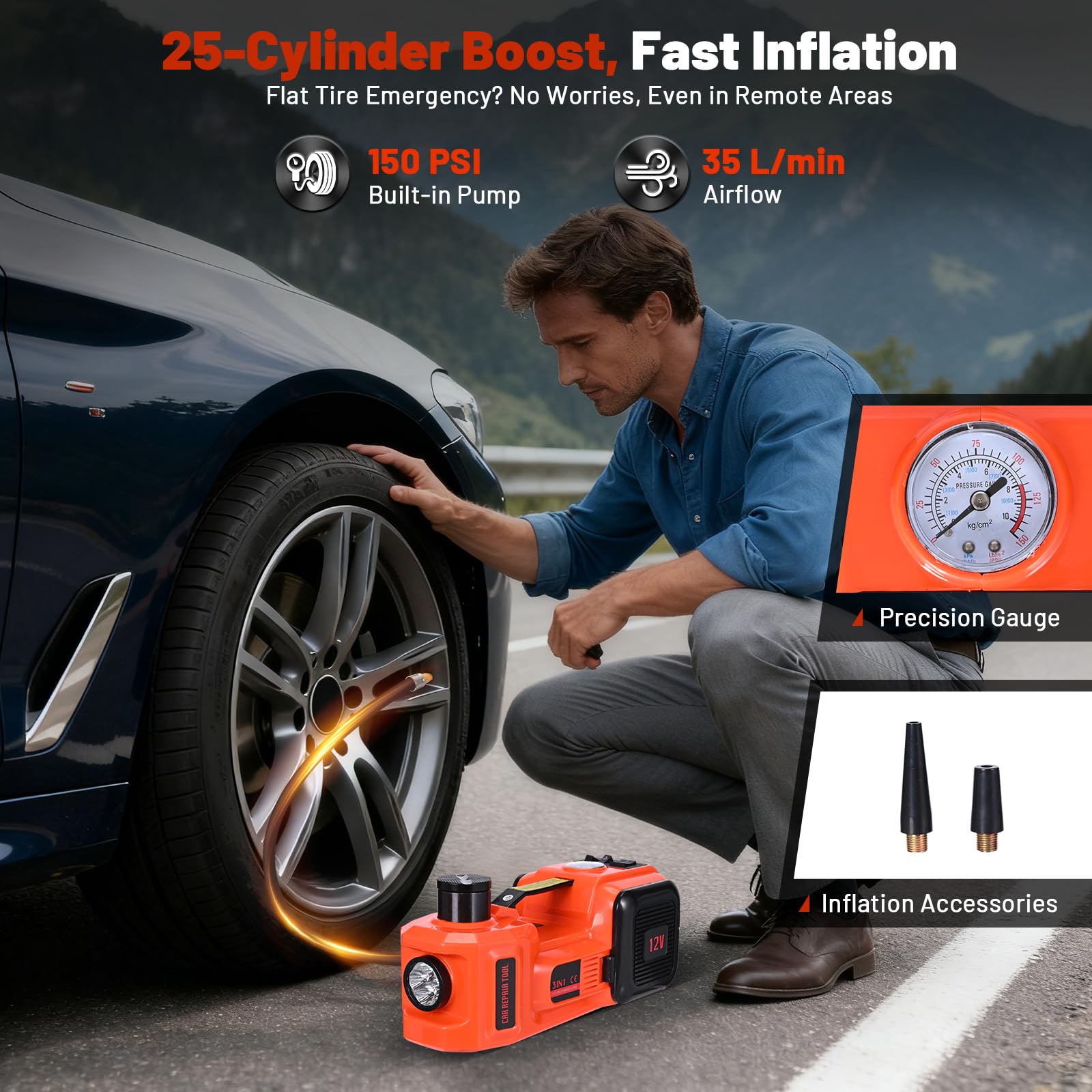 Gato hidráulico eléctrico con Llave de Impacto, compresor de Aire y maletín de Transporte, Capacidad 5T, 150 – 530 mm, Luces LED, Funcionamiento 12 V/CC para Cambio de neumáticos y