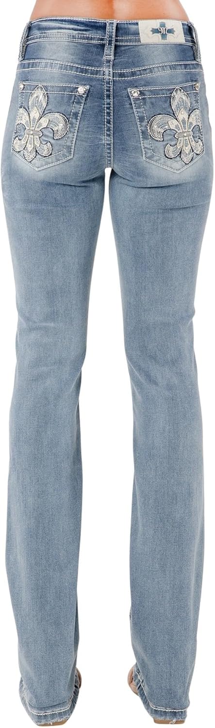 Miss Me Women's Shelly Fleur De Lis Embellished Pockets Mid-Rise Slim Bootcut Jeans