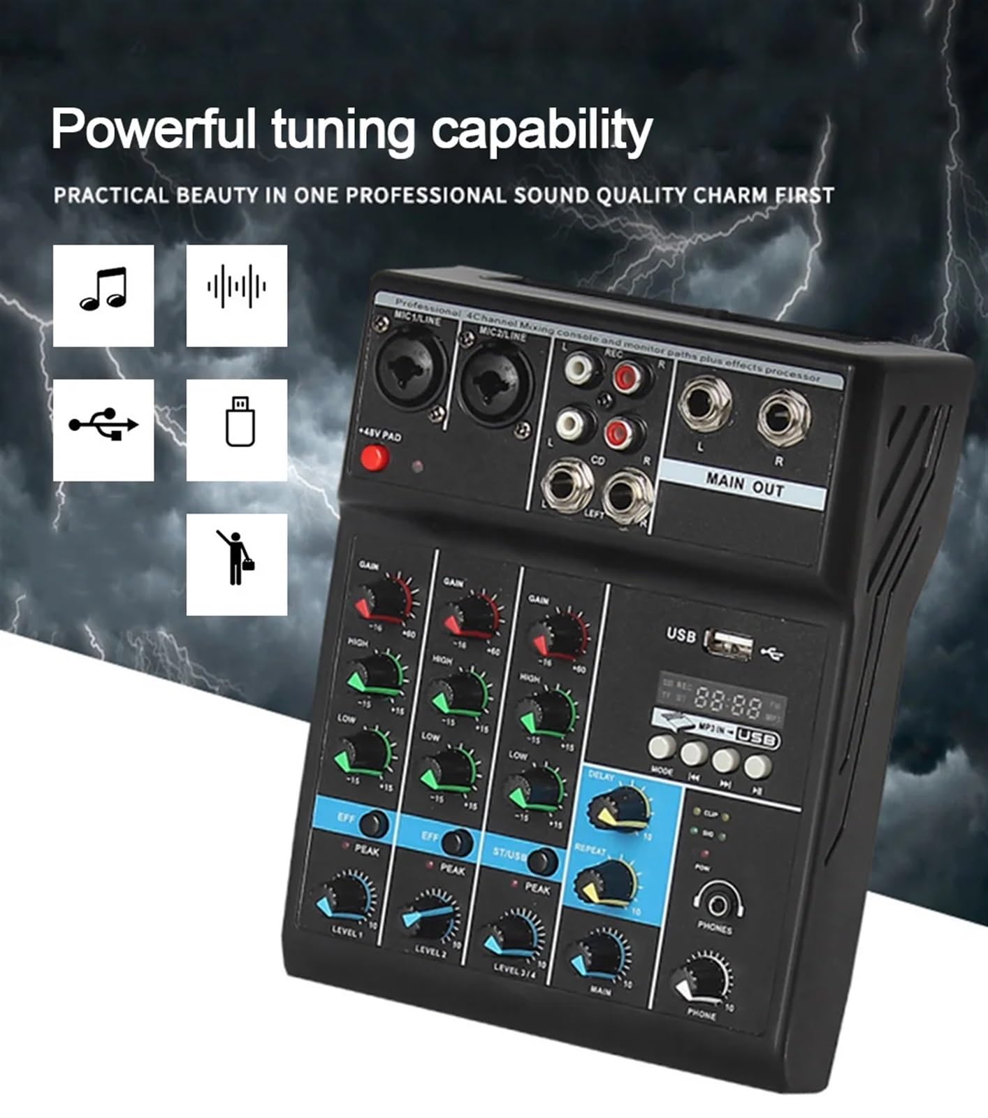 Mezclador de audio, Mezclador HD de 4 vías Au-dio sonido profesional con procesador efectos tarjeta equipo consola mezcla mezclador portátil Usb canales Para karaoke