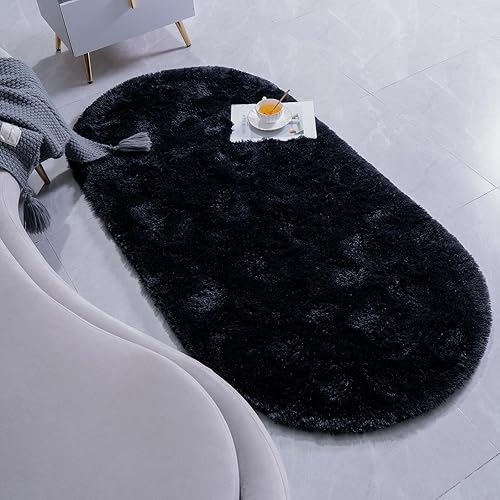Miniatura 3 de Alfombra esponjosa de dormitorio, alfombra pequeña ovalada, alfombra negra peluda para mesita de noche, ideal para habitación infantil, guardería y