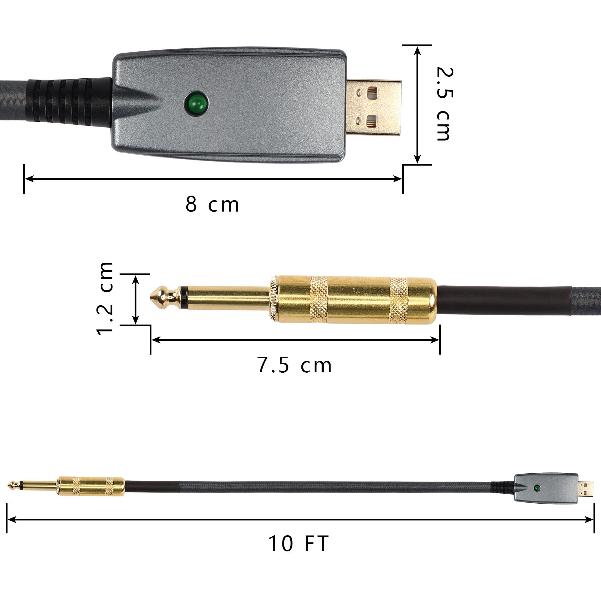 Câble USB Vers Jack 6,35 Mm (3 M) Pour Guitare/basse - Interface Plug & Play, Indicateur LED, Compatible PC/Mac - 2