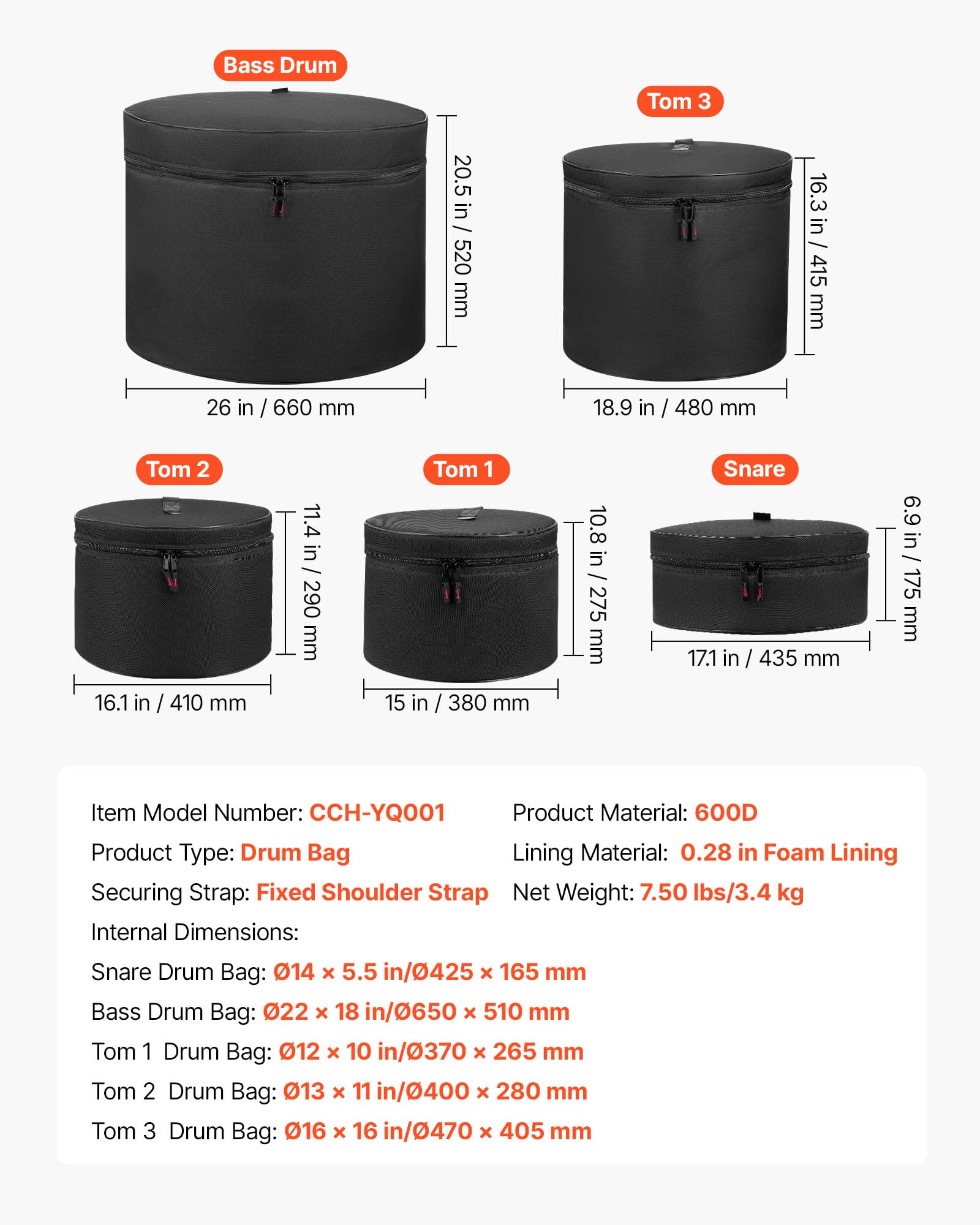 VEVOR Set di Borsa Porta DJ con Divisori Regolabili 5 Pezzi, Borse Imbottite per Batteria, Imbottitura Spessa, Custodie Protettive Leggere, Custodie da Viaggio per Accessori per Batteria