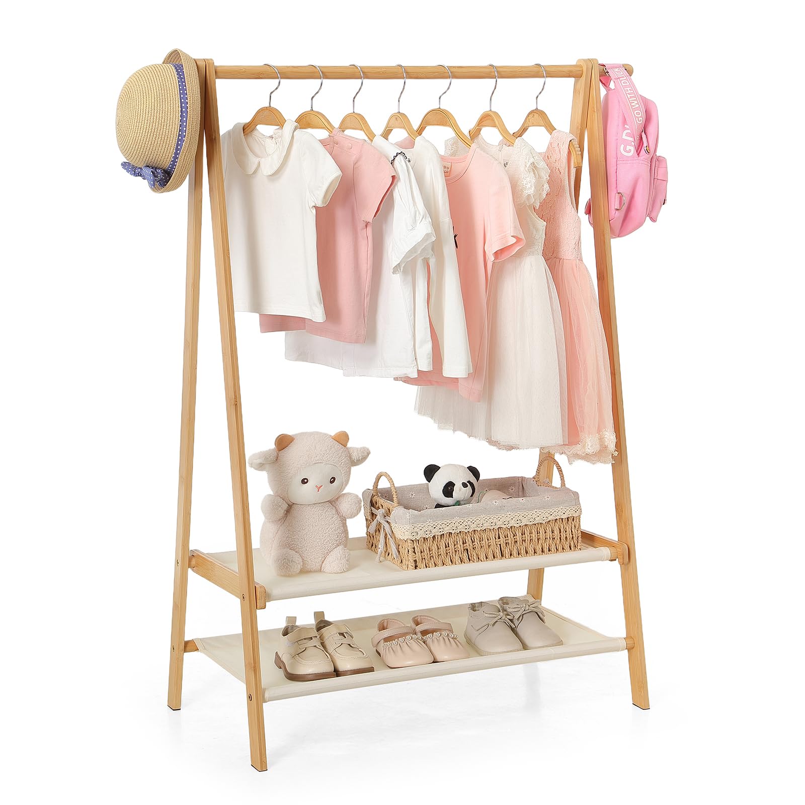 Photo 1 of ***MISSING PIECES -SELLING AS PARTS ONLY*** Foldable Kids Clothing Rack - Dress Up Storage with 2 Fabric Shelves, Bamboo Small Clothes Rack for Hanging Organizer, Kids Costume Wardrobe & Dress Up Rack for Bedroom, Playroom, Nursery (Natural)