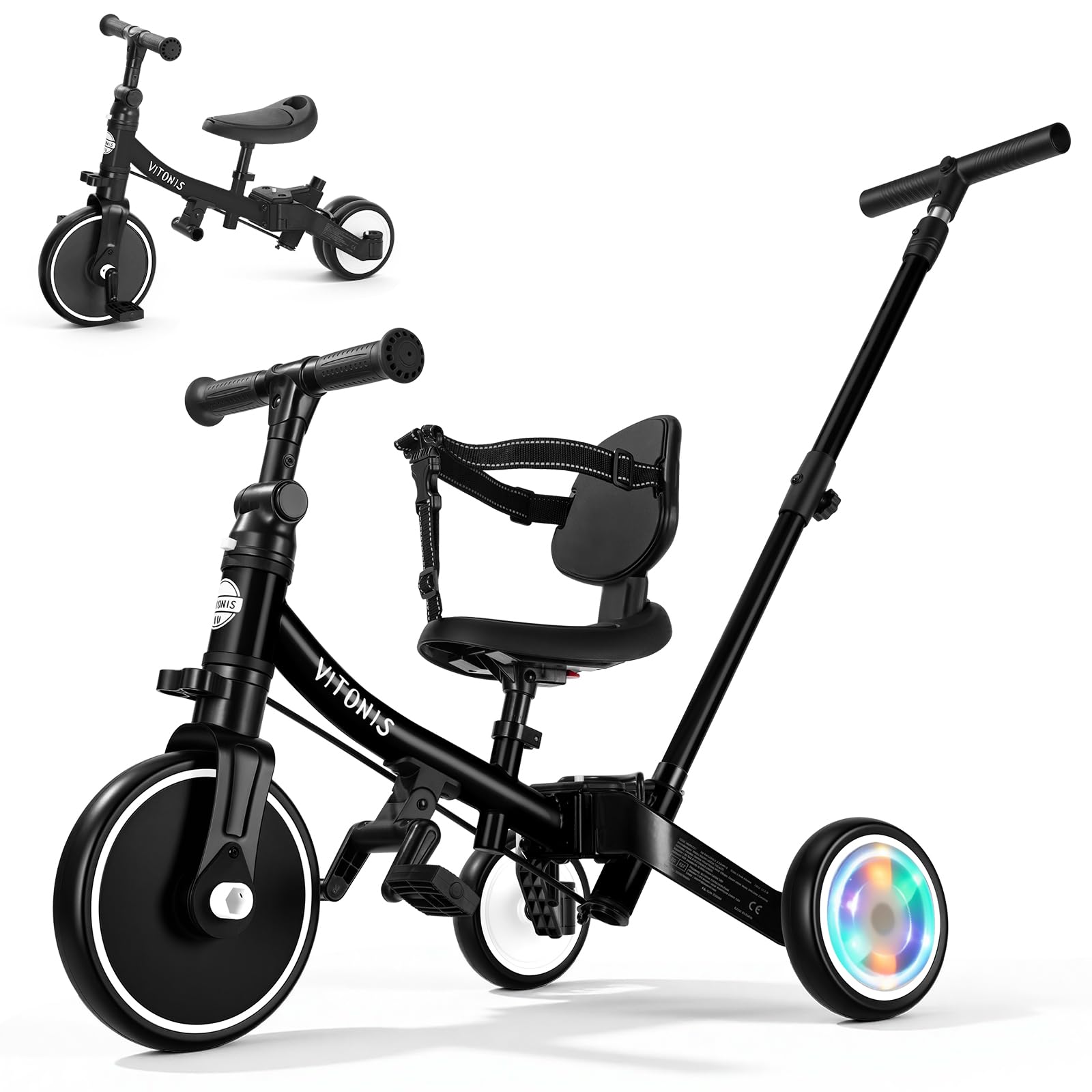 VITONIS Triciclo 5 in 1 per bambini dai 18 mesi ai 3 anni, con ruote lampeggianti, maniglione di spinta, schienale e cintura di sicurezza, regalo per bambini e bambine, bicicletta senza pedali, nero