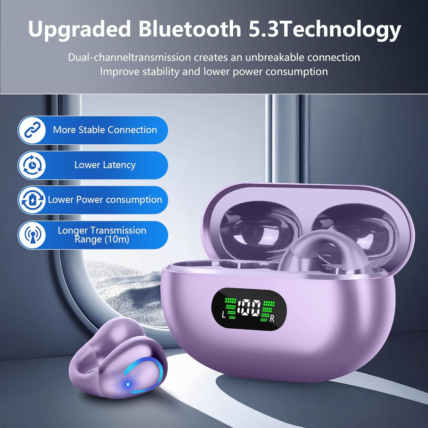Ultra Open Ear Headphones Bluetooth 5.3 Wireless Clip On Earbuds with Digital Display Charging Case 60 Hours Playtime Sport Earphones Built-in Mic IPX7 Waterproof for Running Fitness Purple - Image 5